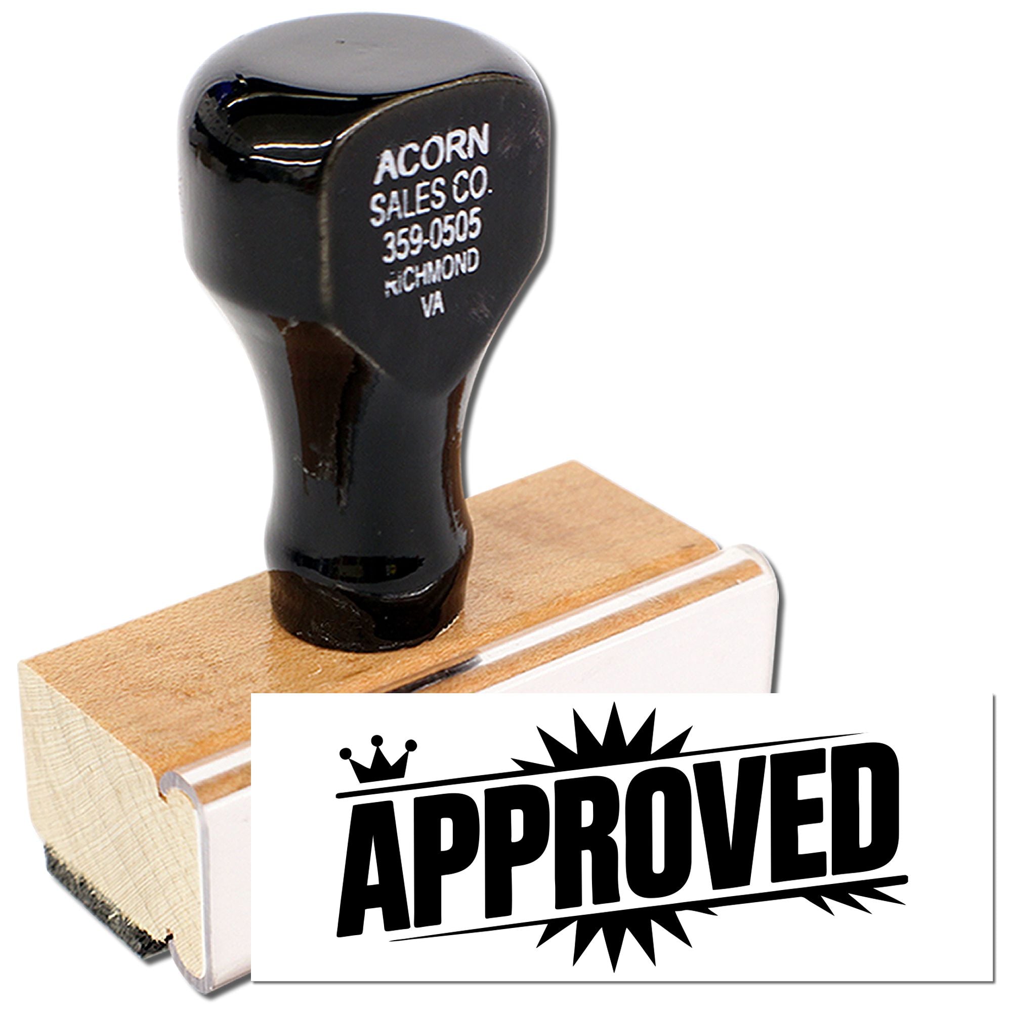 Custom approved rubber stamp with wooden handle for office document approval and business paperwork.