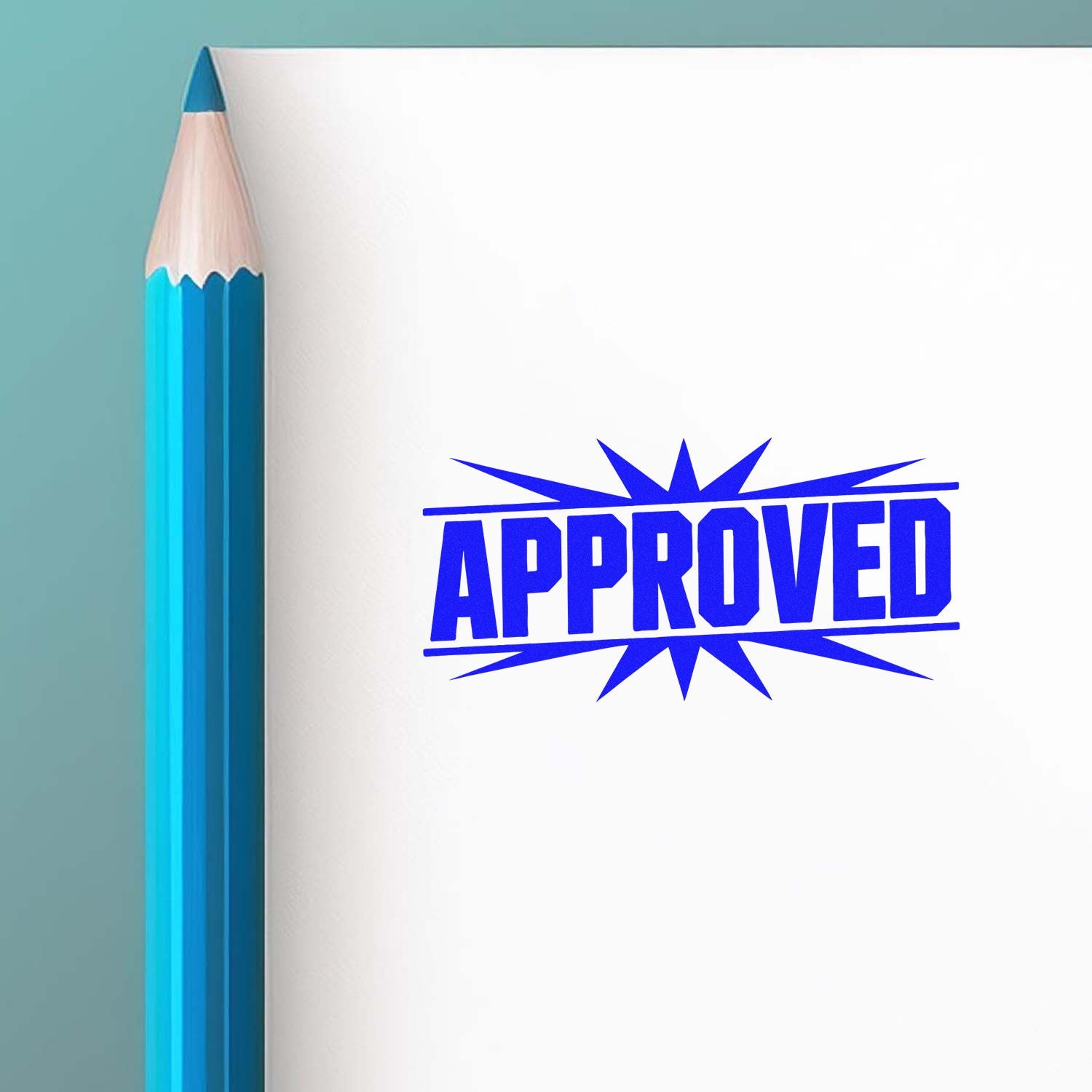 Approved rubber stamp on paper beside pencil, ideal for business document approval and office workflow.
