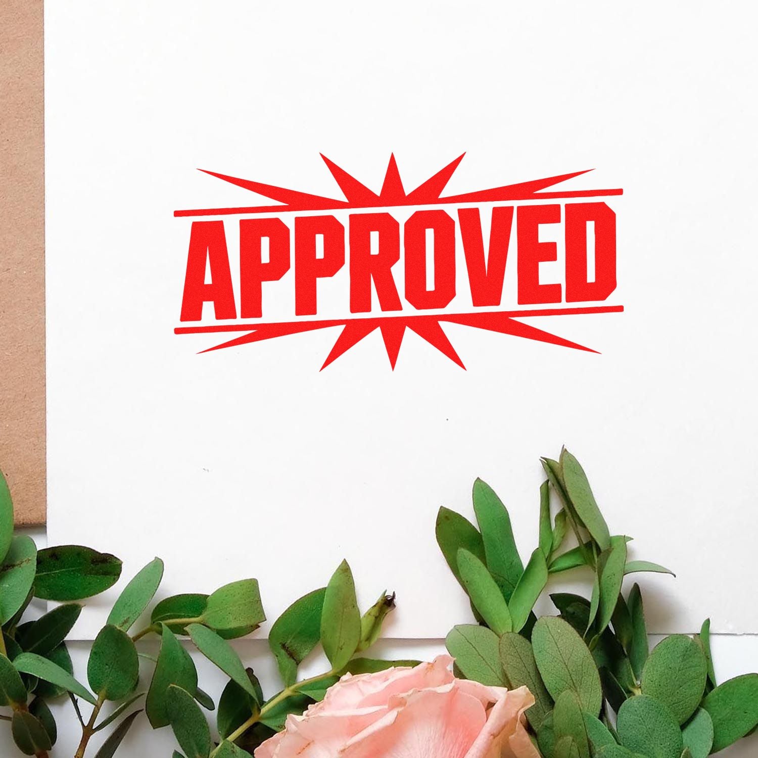 Red Approved rubber stamp on white paper, ideal for business approvals, documents, and packaging.