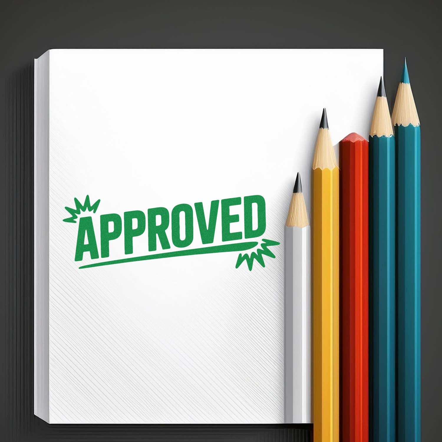Green APPROVED rubber stamp on notebook page with colored pencils, ideal for office document approval and school marking.