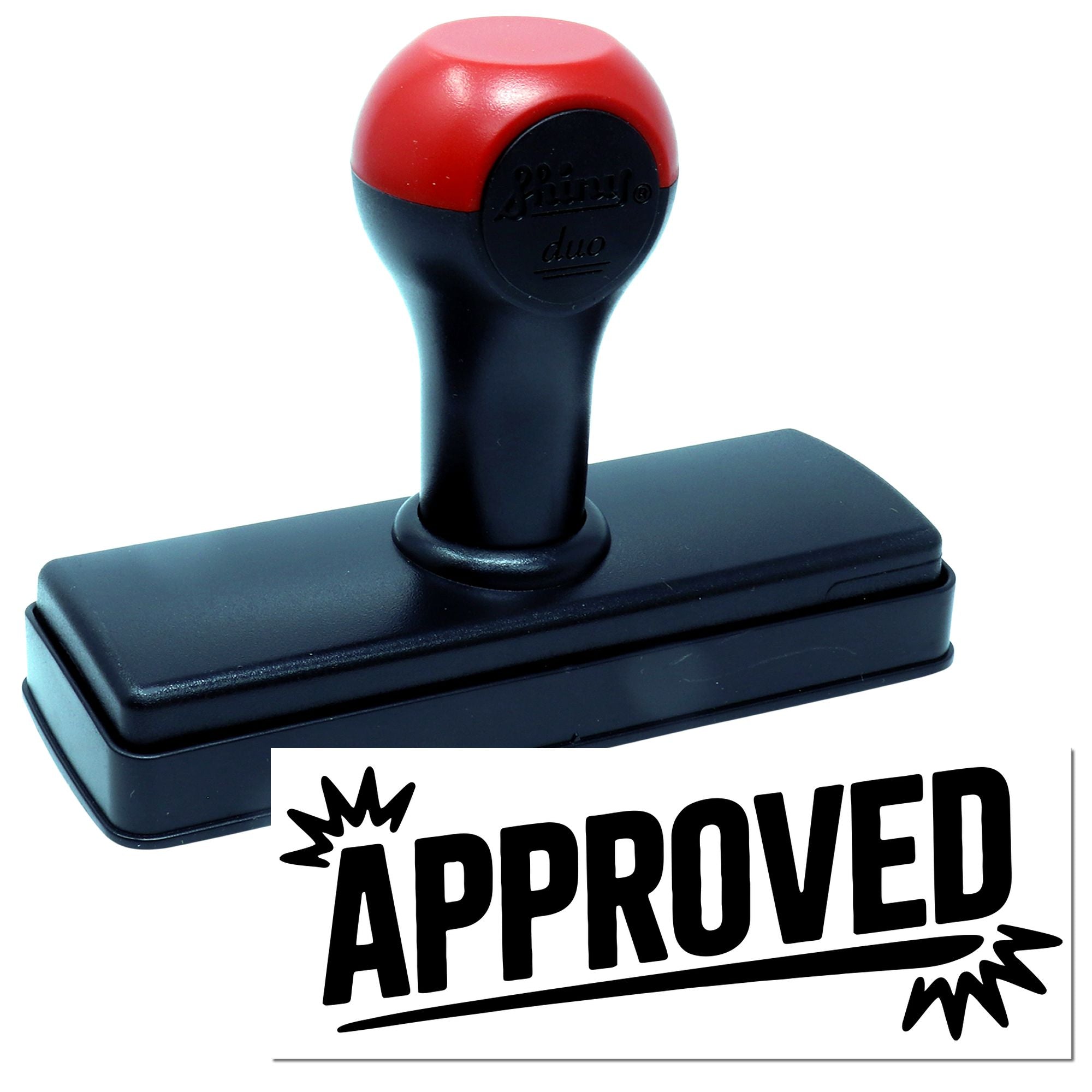 Self-inking approved rubber stamp with red handle and black base for office document approval.
