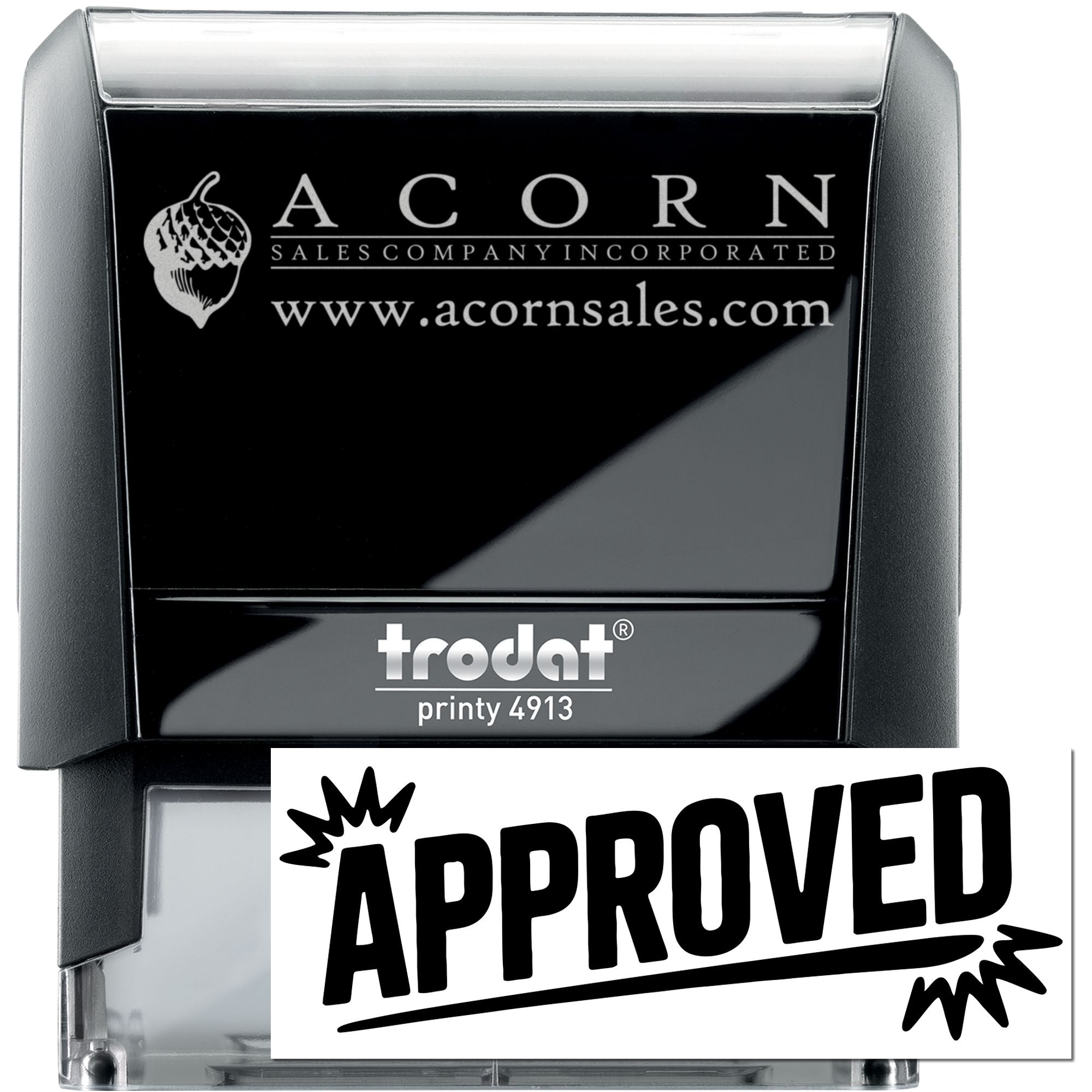 Custom self-inking rubber stamp with Acorn Sales Company logo and approved imprint, Trodat Printy 4913.