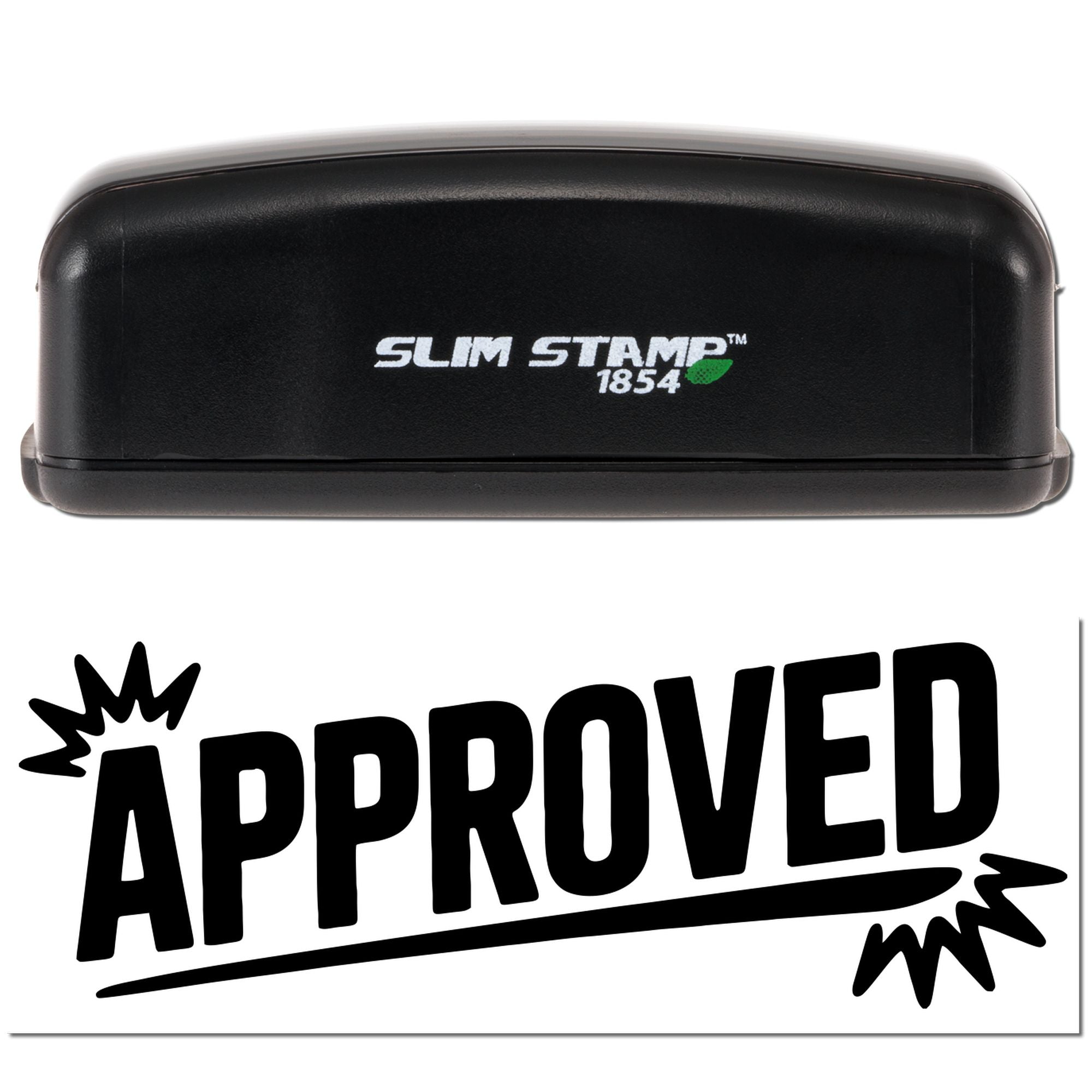 Slim Stamp 1854 self-inking rubber stamp with approved imprint for fast office document approval.