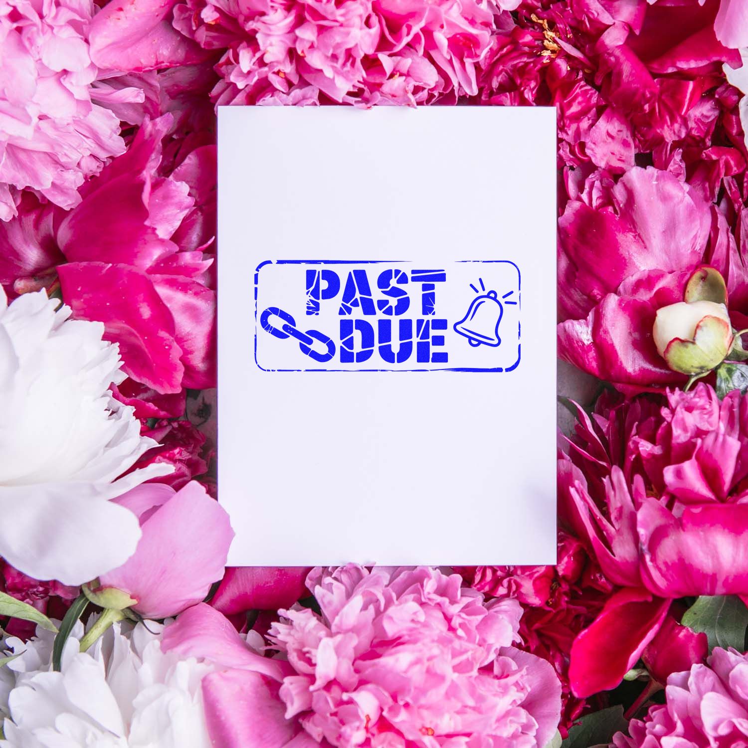 Past Due rubber stamp impression on white card, styled for late payment notices, surrounded by pink flowers.