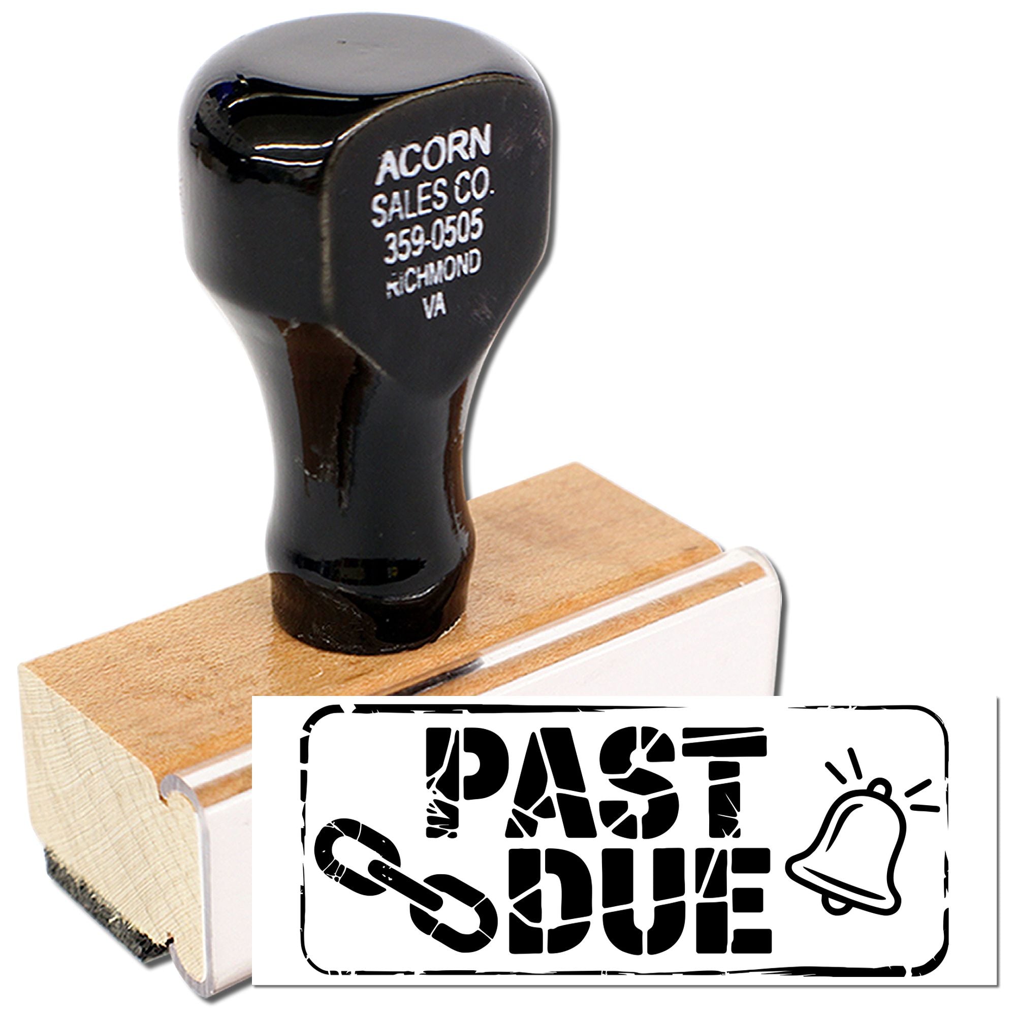 Past Due rubber stamp with bell icon for marking overdue invoices, bills, and payment reminders.