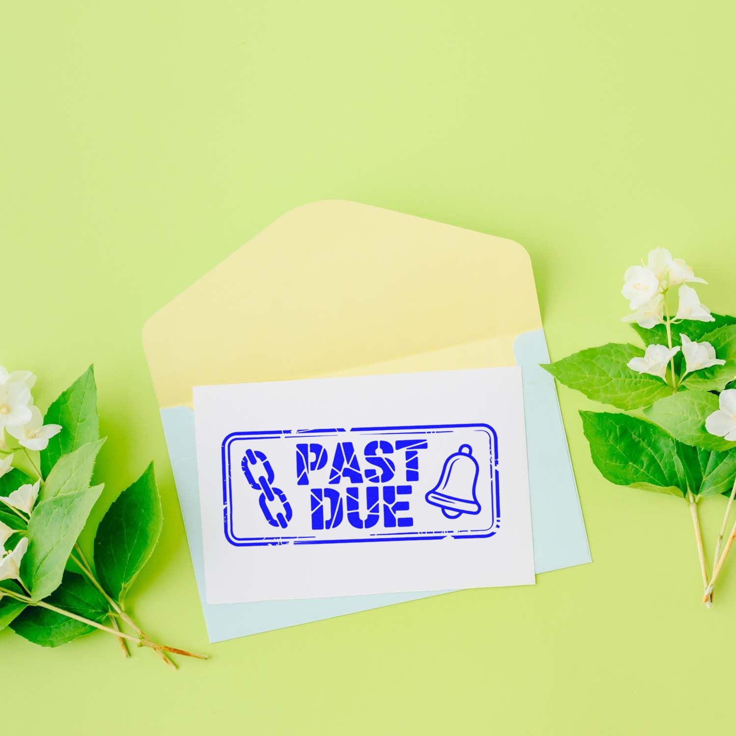 Past due rubber stamp design with chain and bell icon on envelope, ideal for overdue payment reminders and office use.