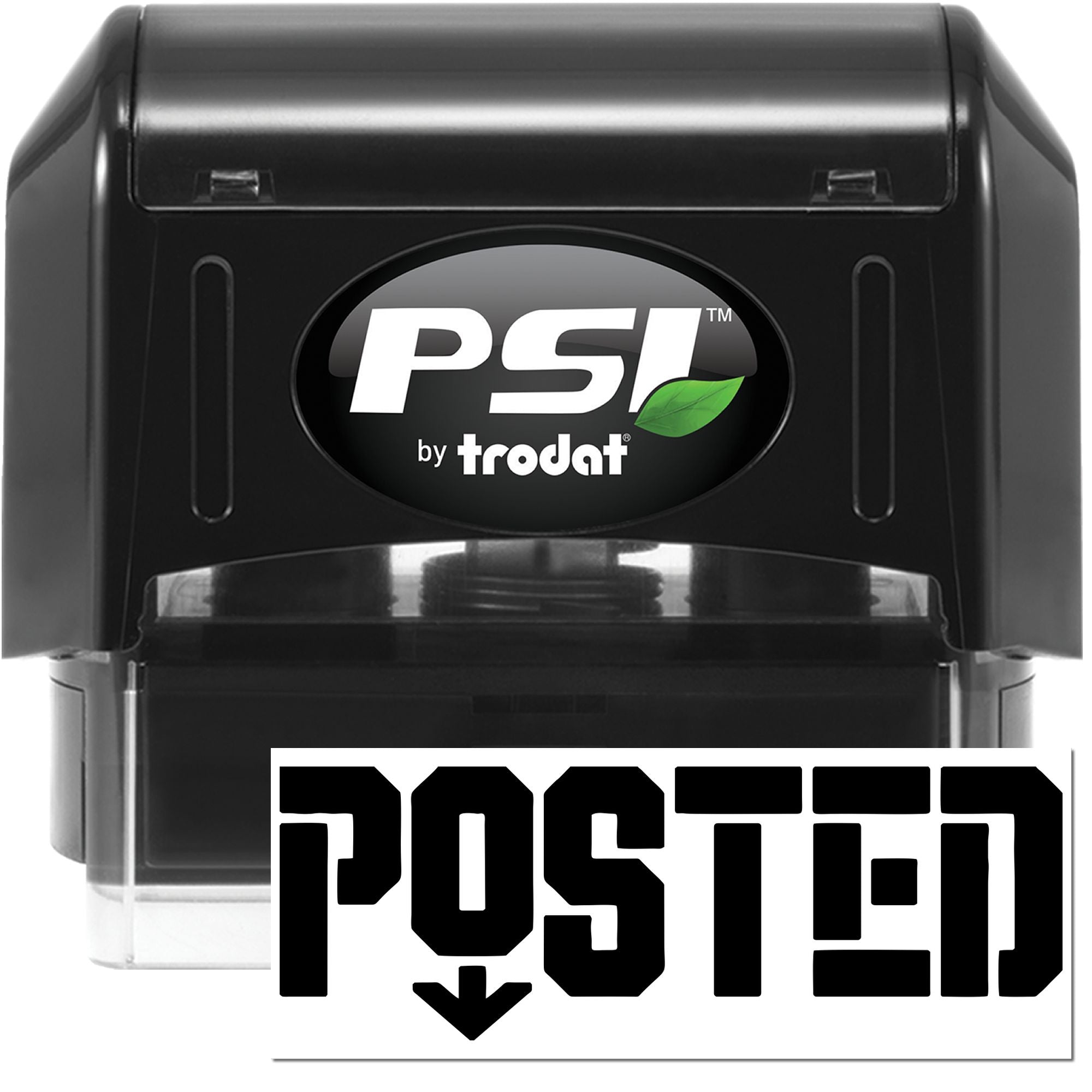 PSI by Trodat self-inking rubber stamp with bold Posted imprint for office mail processing and shipping use.