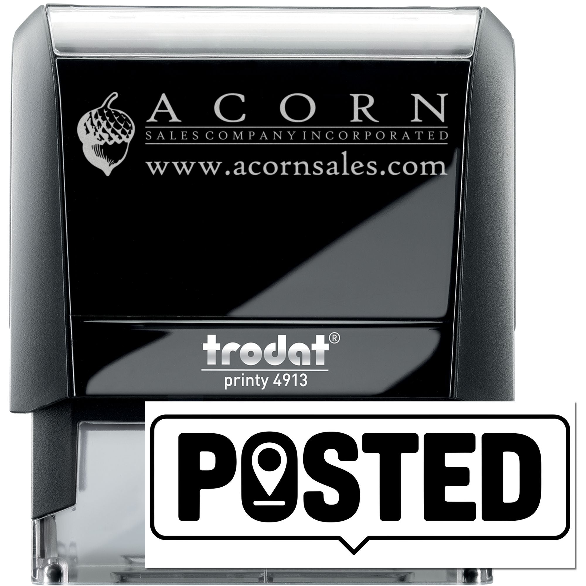 Custom self-inking rubber stamp for Acorn Sales Company, featuring logo, website, and Posted mark.
