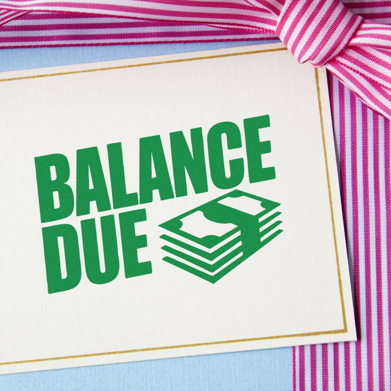Balance due rubber stamp on invoice card, ideal for marking outstanding payments and billing notices.