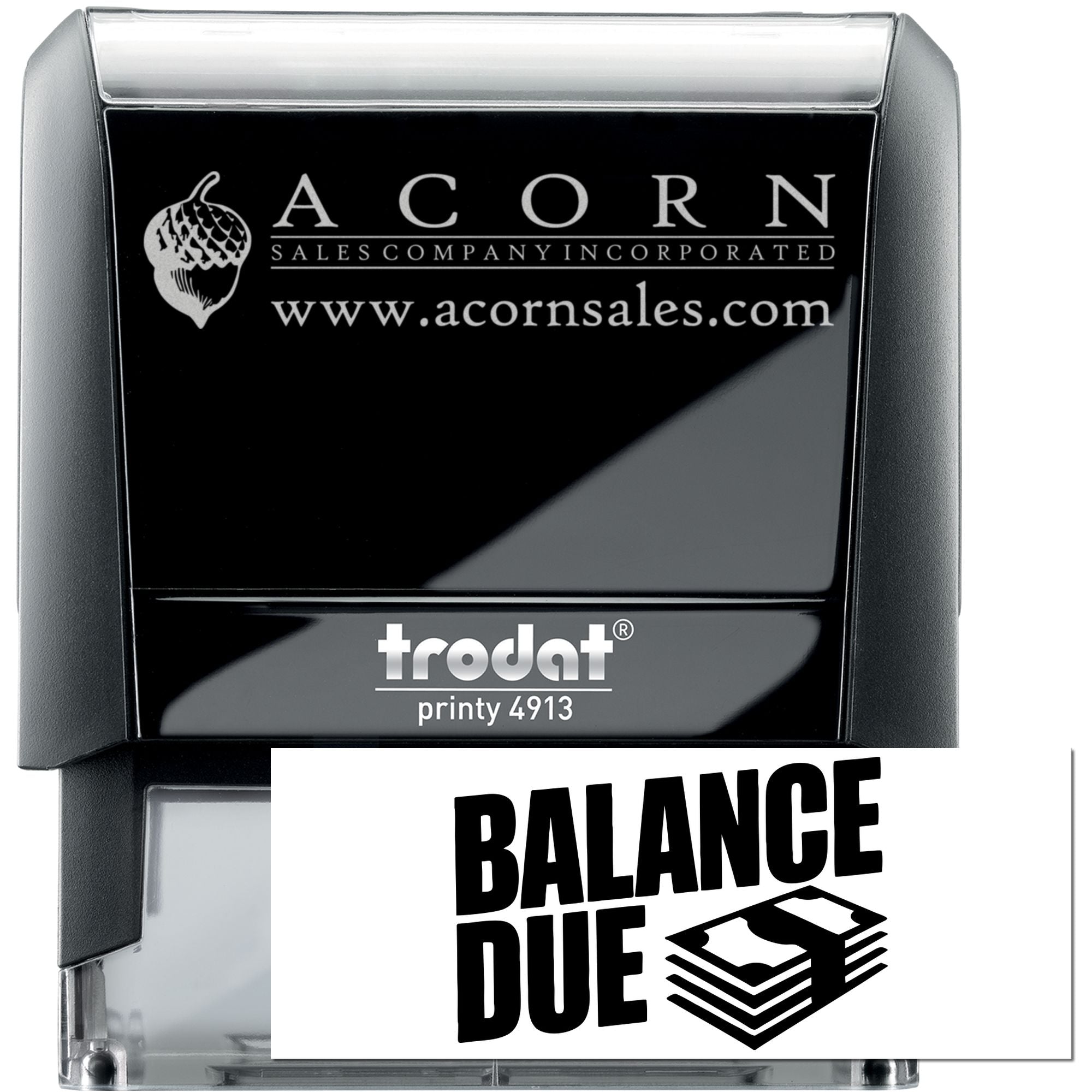 Custom Trodat self-inking rubber stamp with Acorn Sales logo and Balance Due imprint for office accounting.
