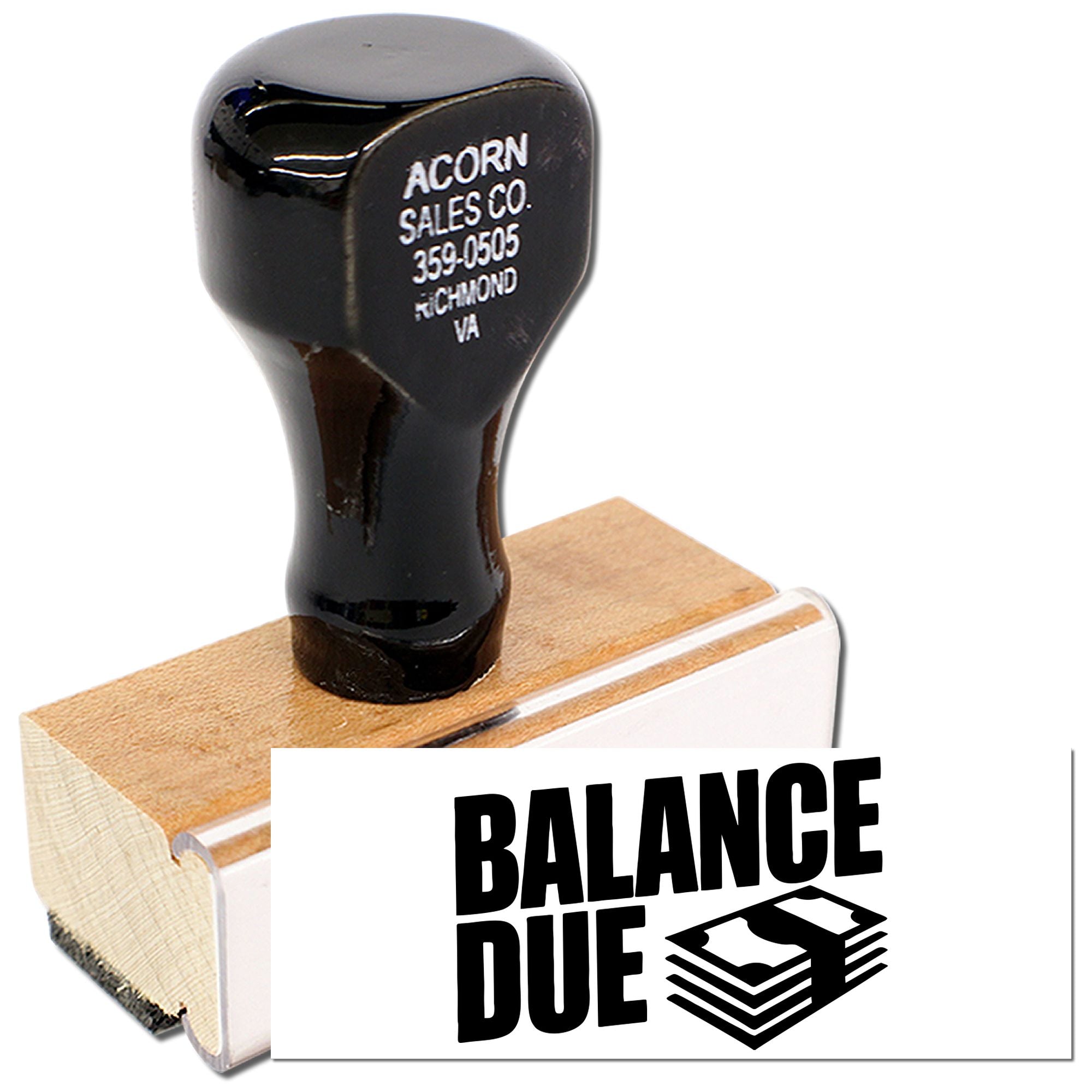 Balance Due rubber stamp for invoices and billing, featuring a wooden handle and bold imprint for accounting use.