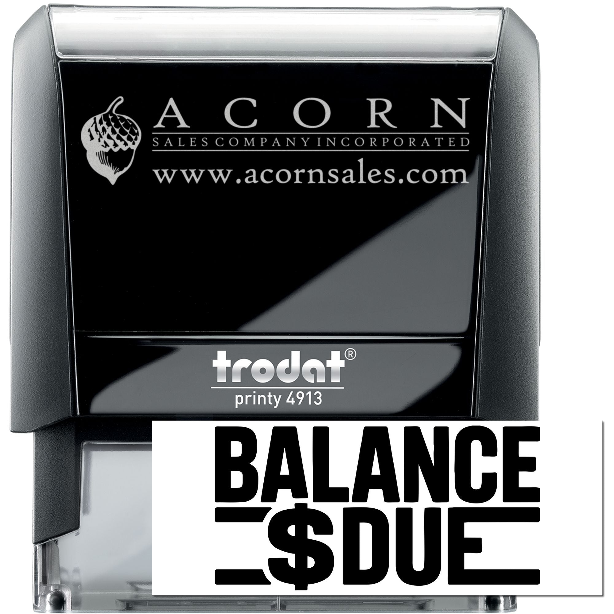 Custom self-inking rubber stamp for balance due invoices, with Acorn Sales logo, Trodat Printy 4913.
