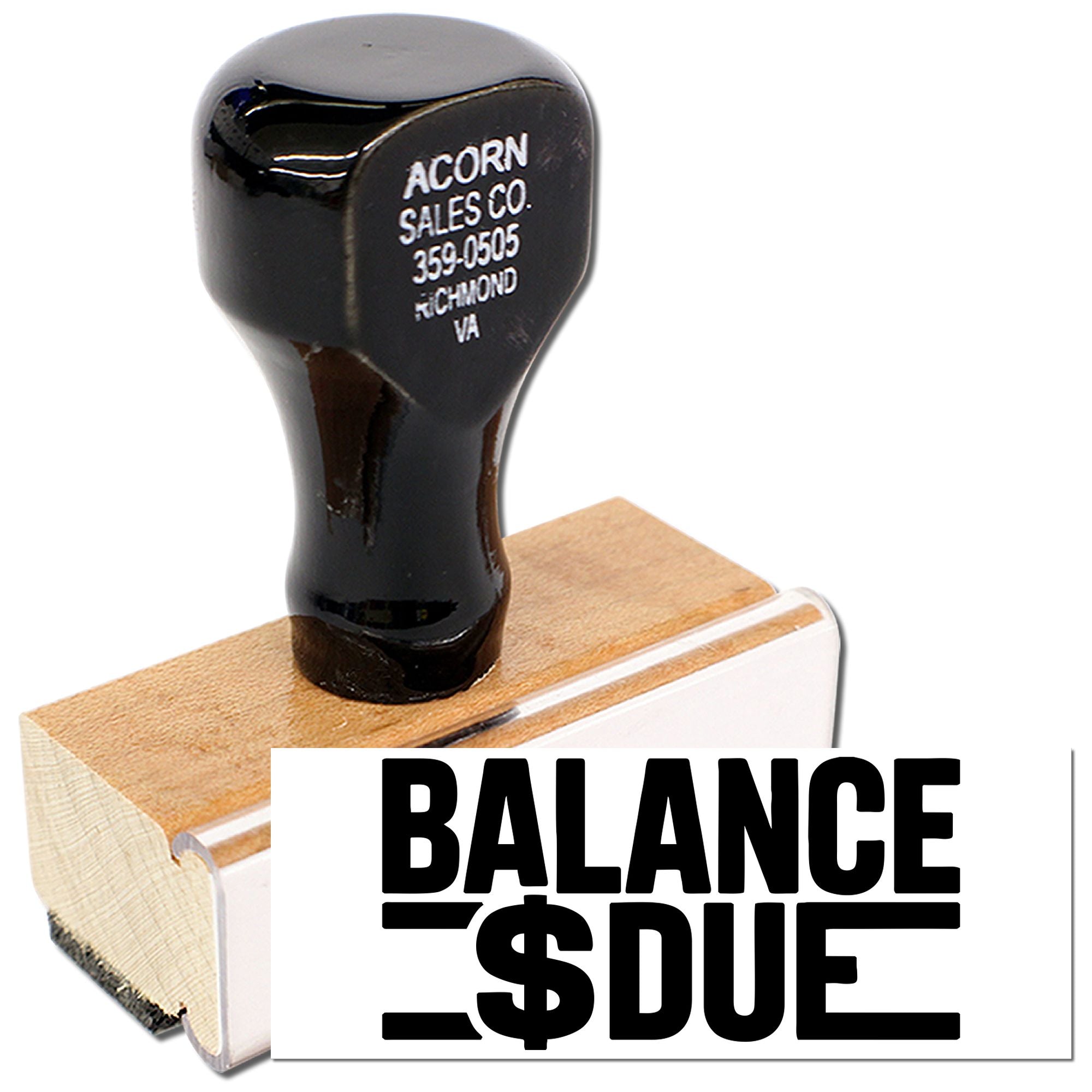 Custom balance due rubber stamp for invoices and accounting, featuring company name and address imprint.