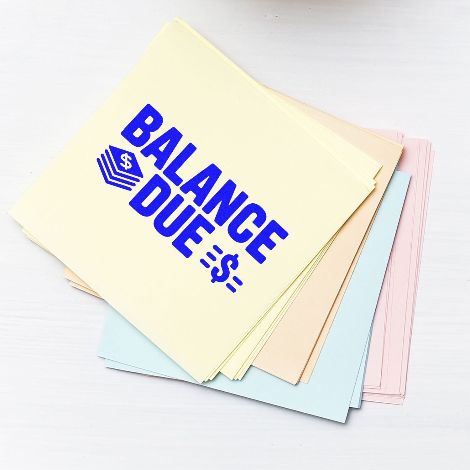 Balance due rubber stamp on pastel folders, ideal for accounting, billing, and invoice payment reminders.