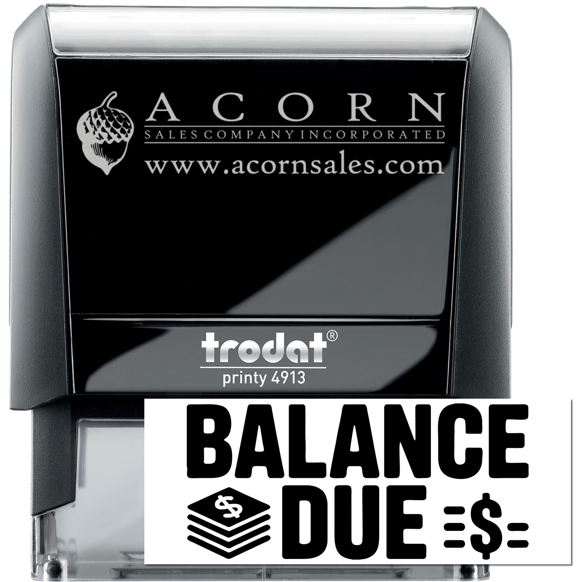 Custom self-inking rubber stamp for invoicing, featuring Acorn Sales logo and Balance Due message, Trodat Printy 4913.