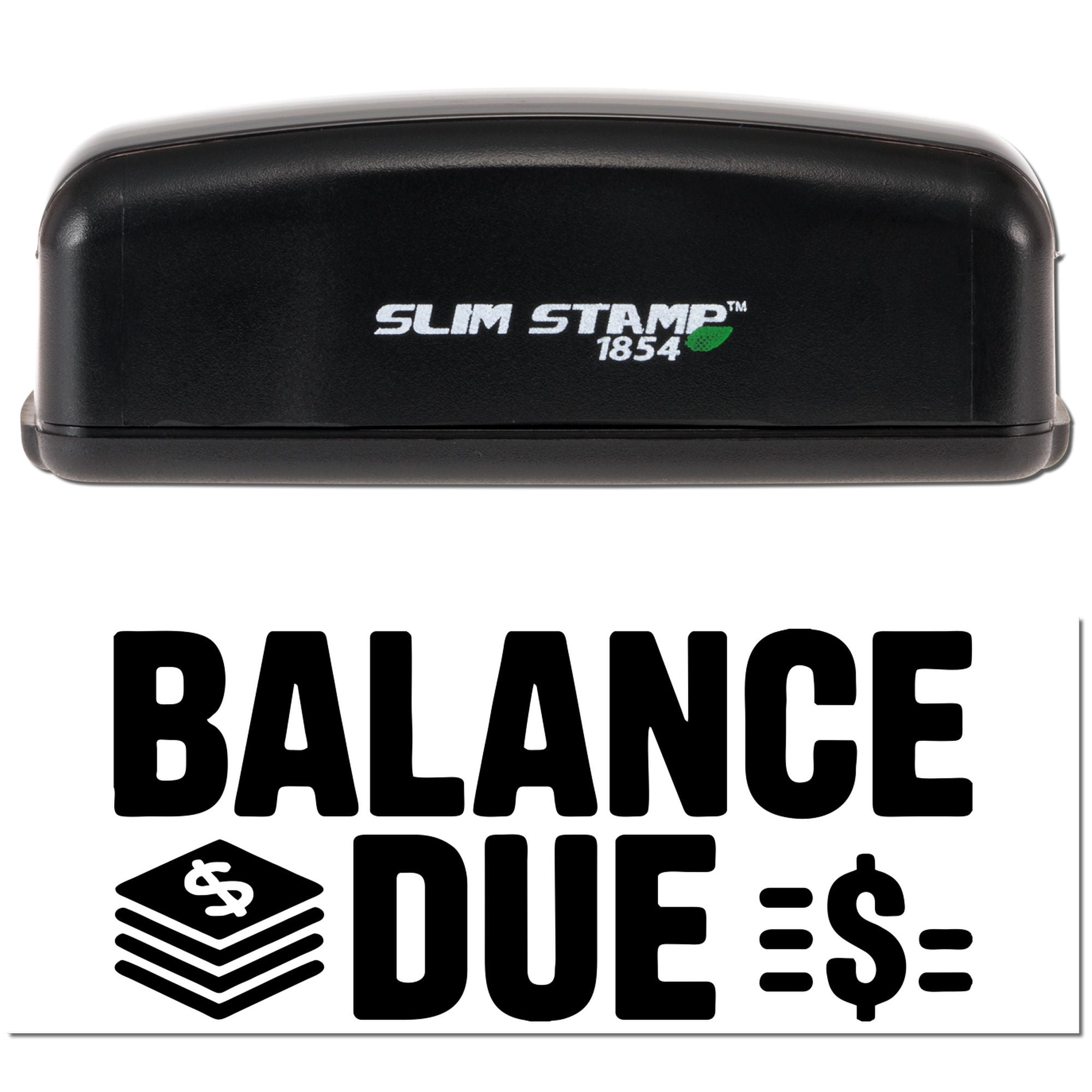 Slim Stamp 1854 self-inking rubber stamp with BALANCE DUE imprint for invoices, bookkeeping, and overdue payment notices.