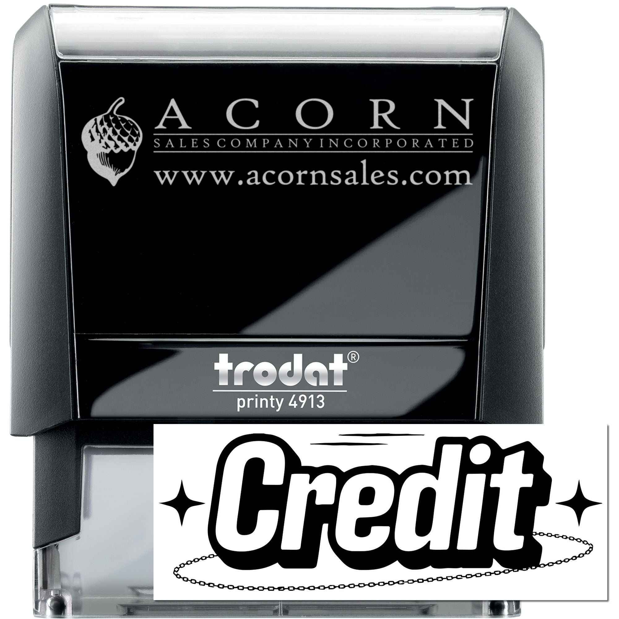 Custom self-inking rubber stamp with Acorn Sales Company logo, website, and Trodat Printy 4913 mount