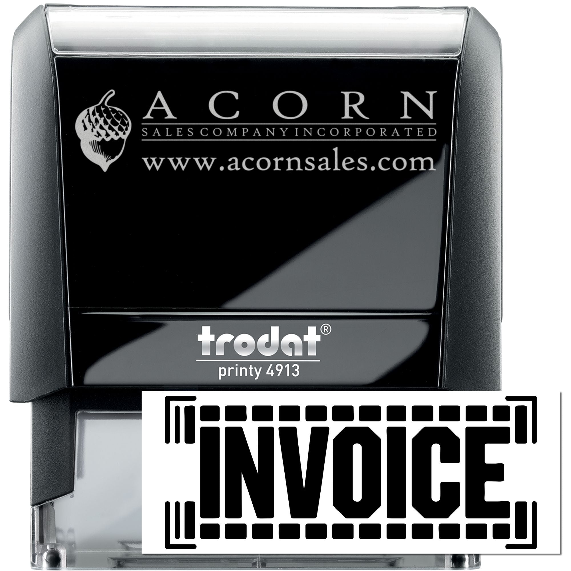 Custom self-inking invoice rubber stamp with Acorn Sales Company logo, Trodat Printy 4913