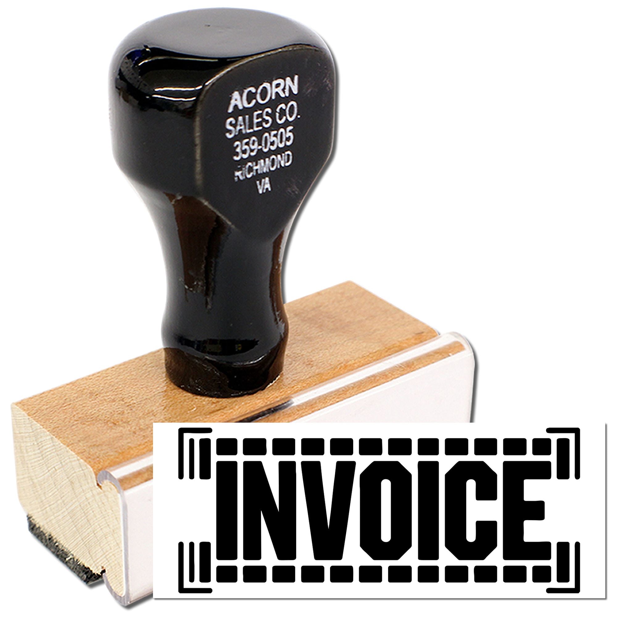 Custom invoice rubber stamp with wooden handle, ideal for office paperwork, billing, and business document labeling.