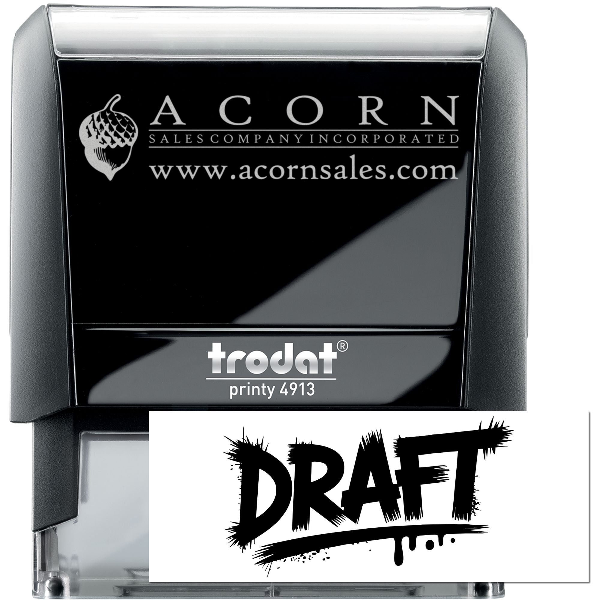 Custom self-inking rubber stamp, Trodat Printy 4913, with Acorn Sales Company logo and draft imprint preview.