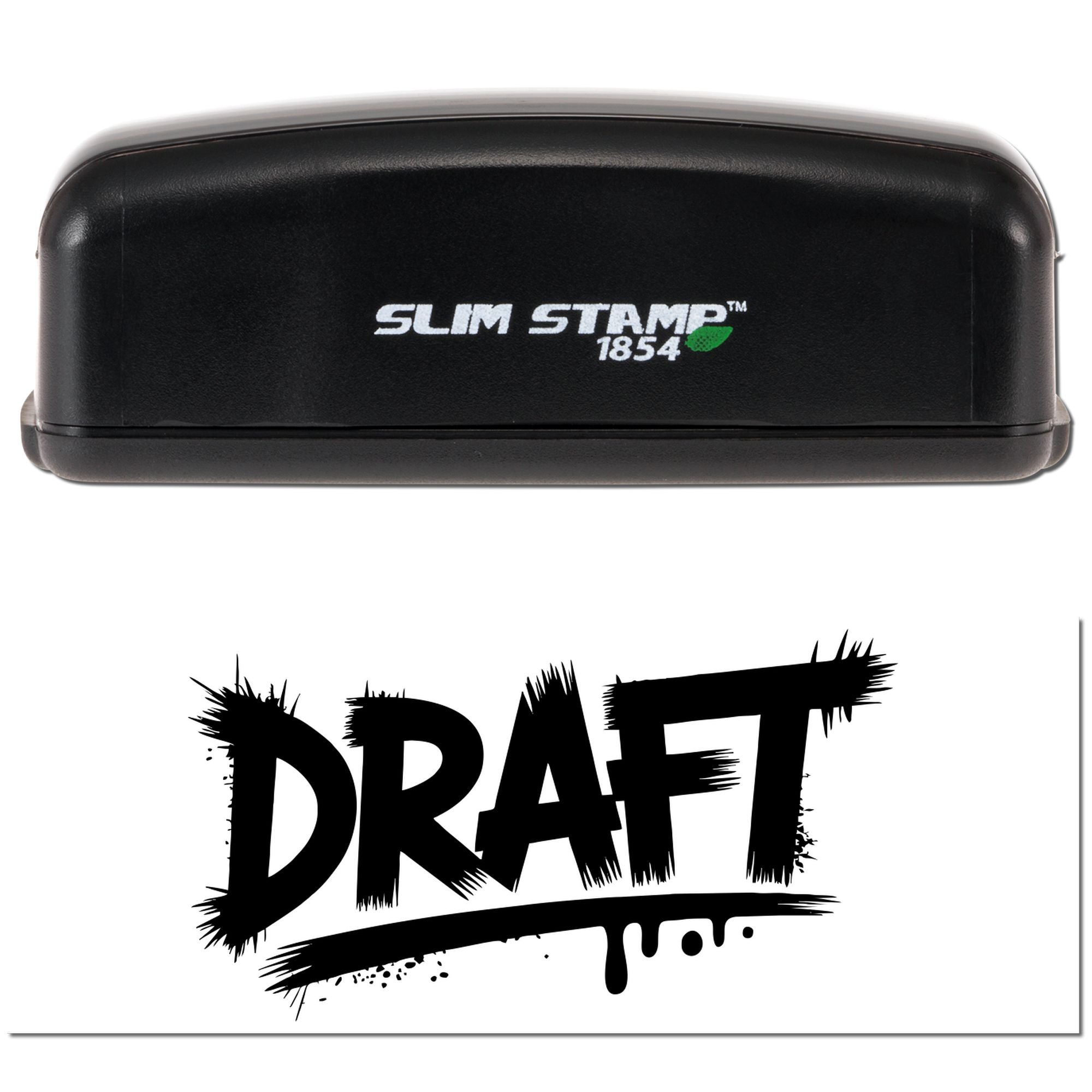 Slim Stamp 1854 rubber stamp with bold DRAFT imprint for marking documents as drafts.