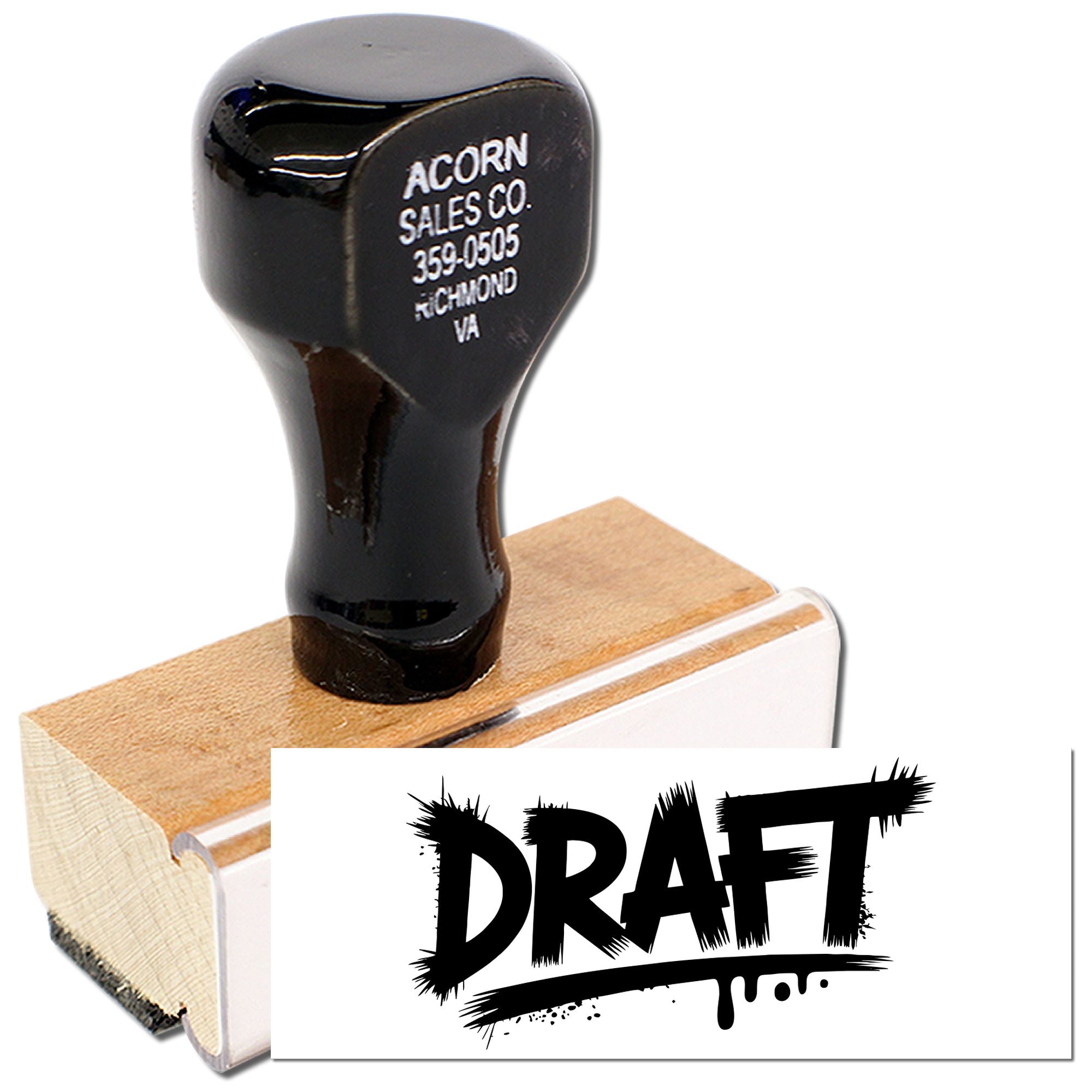 Wooden rubber stamp with DRAFT design for marking documents and office approvals.