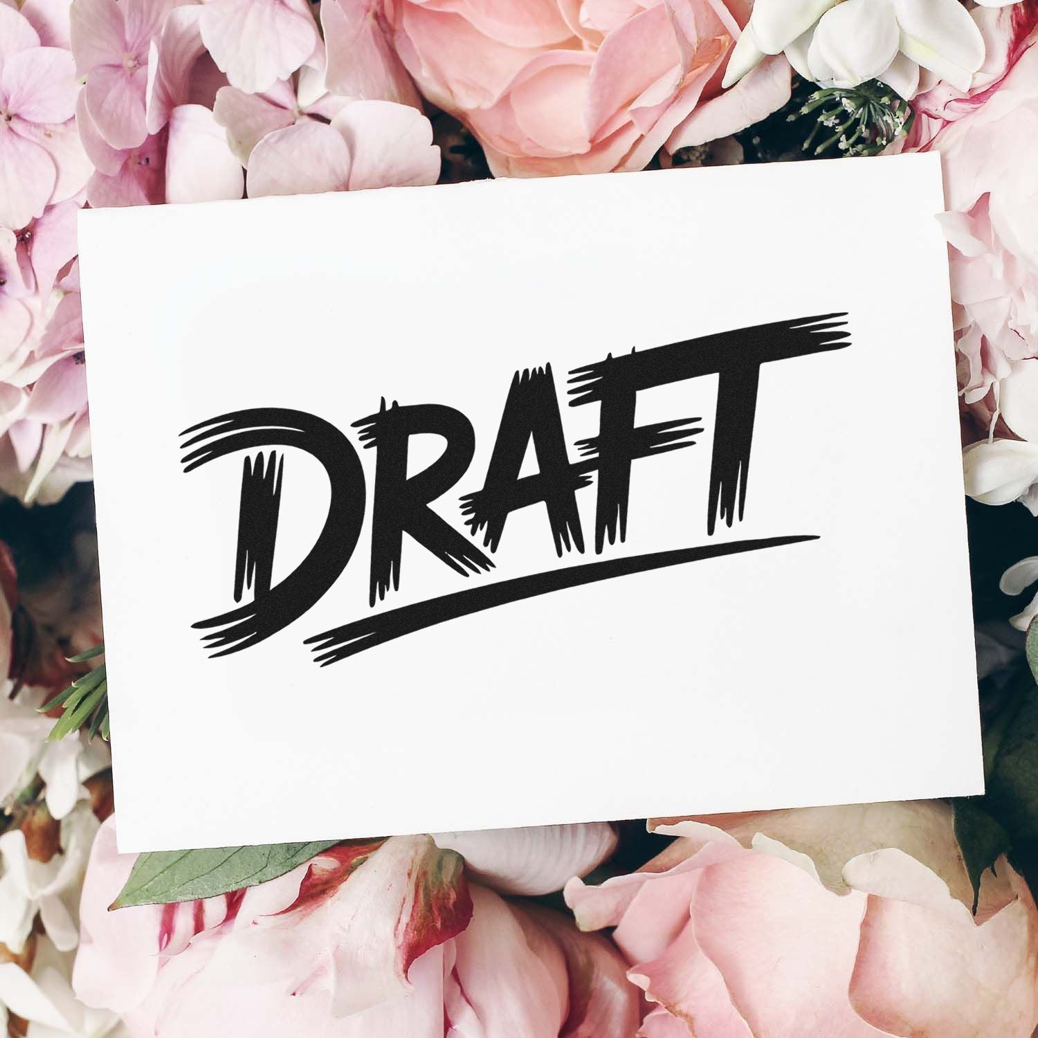 Draft rubber stamp graphic on white card with pink floral background.