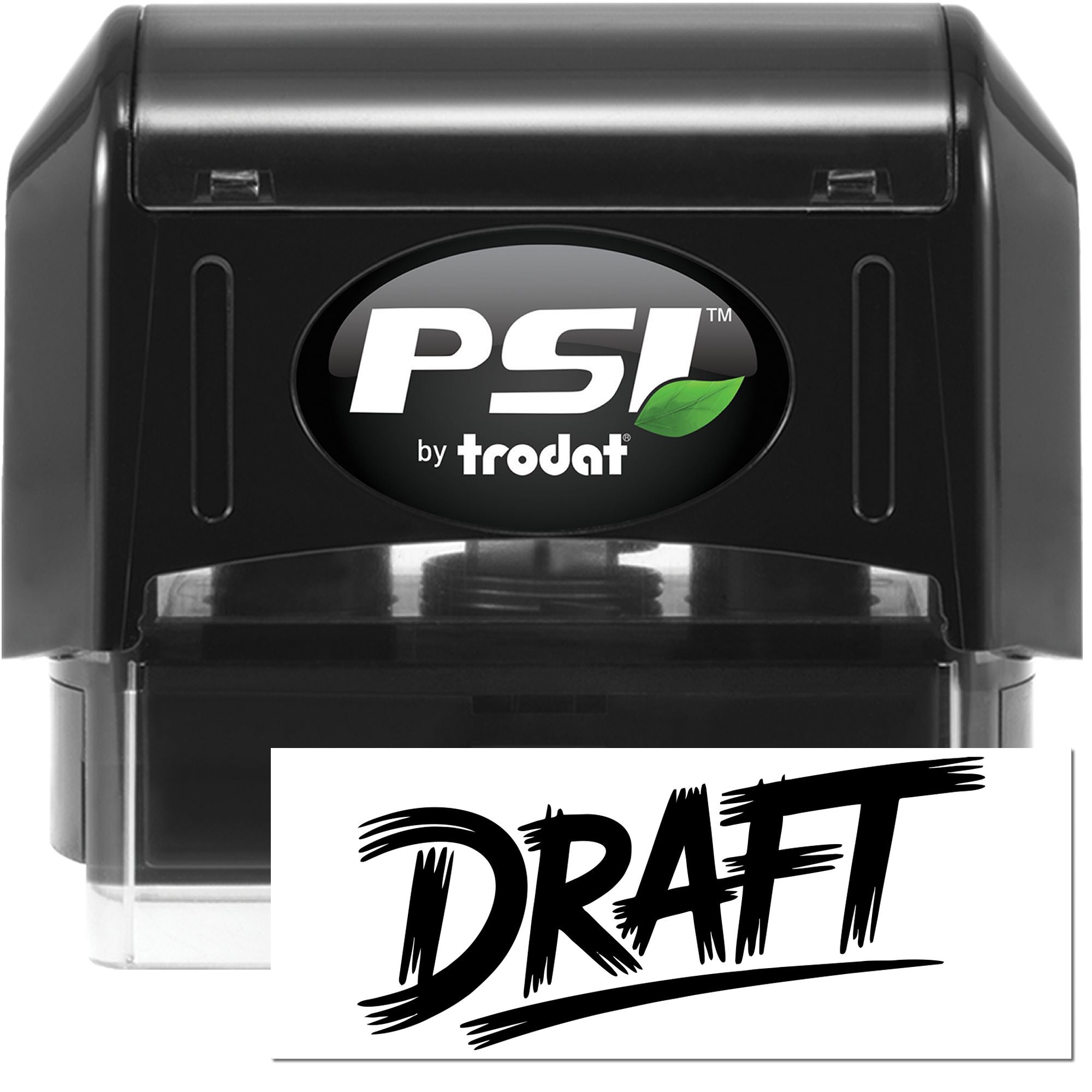 PSI by Trodat self-inking rubber stamp with DRAFT imprint for document review, approval, and filing.