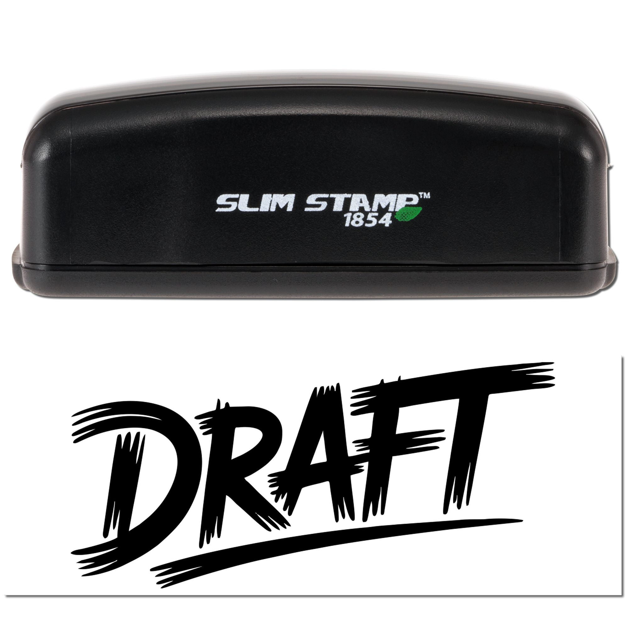 Slim Stamp 1854 custom rubber stamp with draft design imprint, compact black self-inking stamp for business or office use.