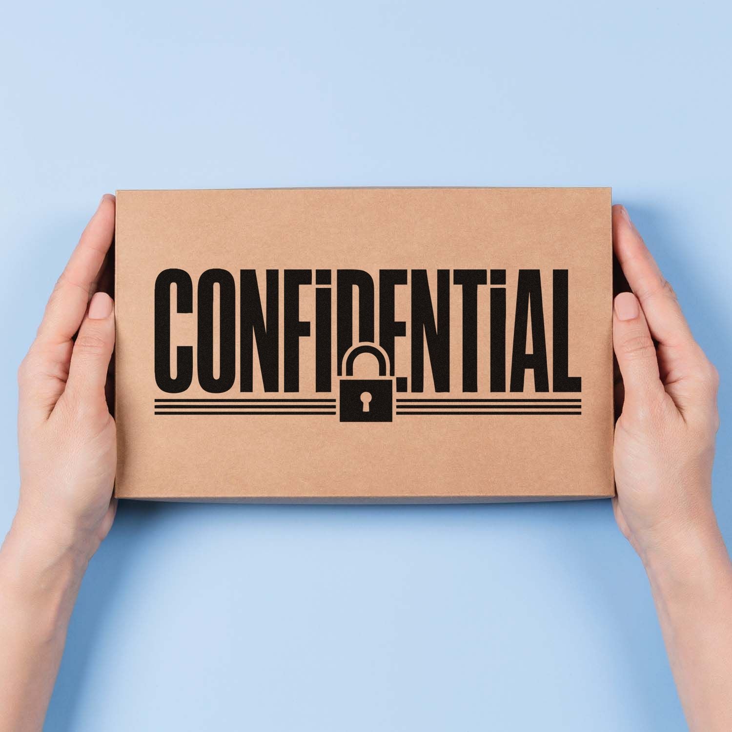 Confidential rubber stamp on kraft shipping box with lock icon, ideal for secure business packaging and document labeling.