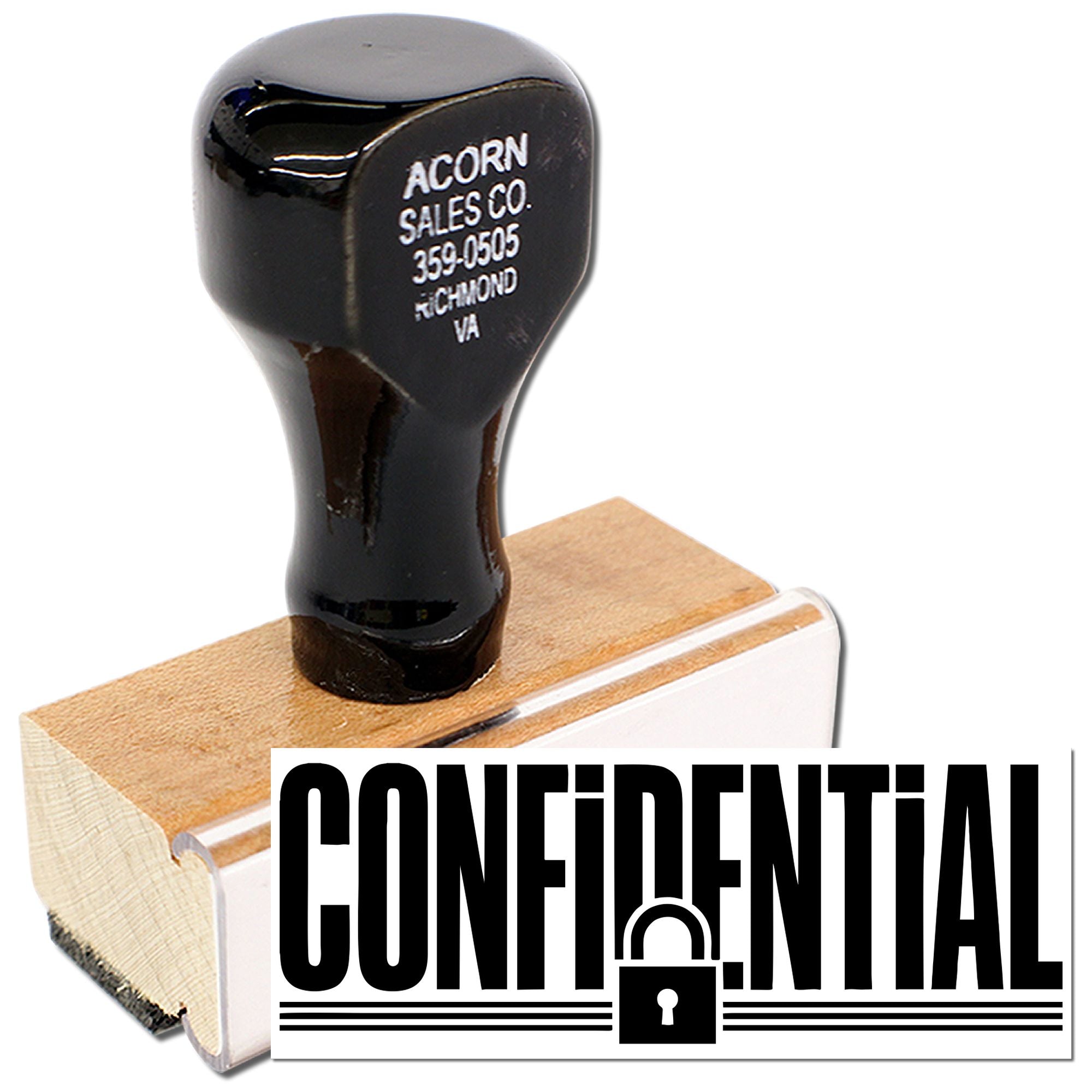 Confidential rubber stamp with wood handle for marking sensitive business documents and protecting office privacy.