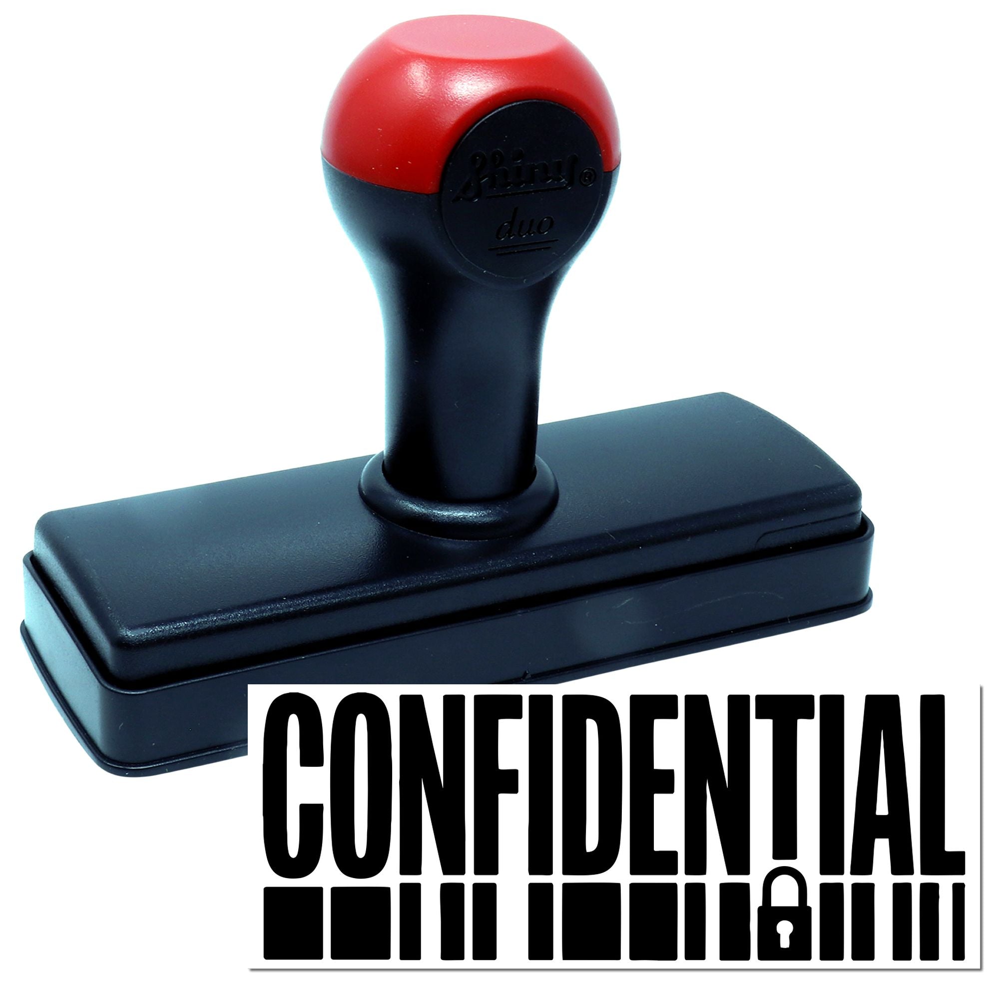 Confidential self-inking rubber stamp with lock icon for marking sensitive office documents and files.
