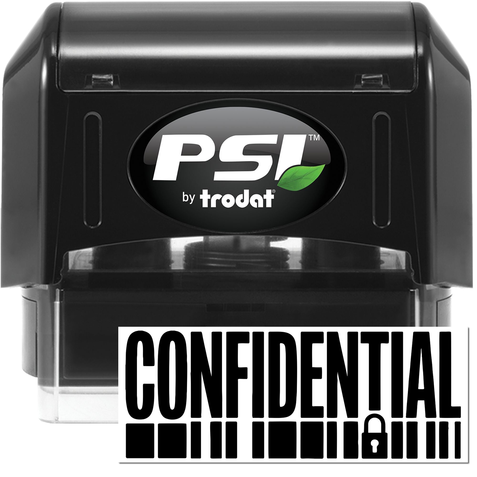 Black PSI by Trodat confidential self-inking rubber stamp with lock icon for secure documents.