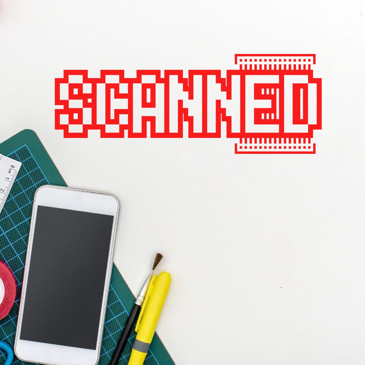 Red SCANNED rubber stamp graphic over craft tools, ideal for document approval, archiving, and custom office stamp designs.