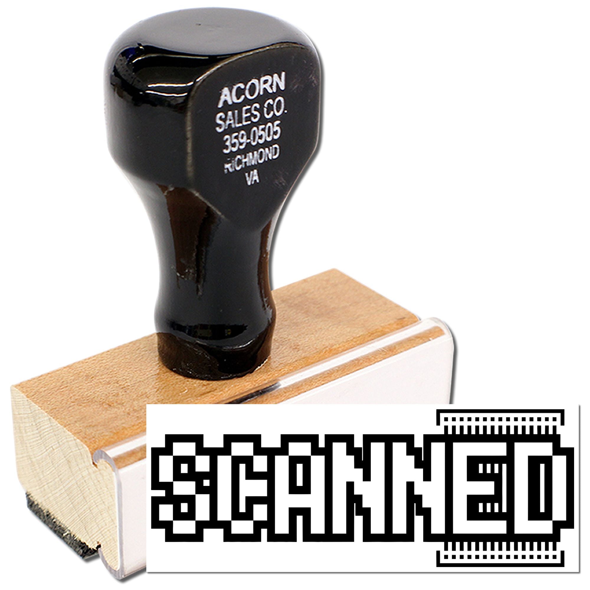 Acorn Sales Co custom rubber stamp with wood handle for business branding.