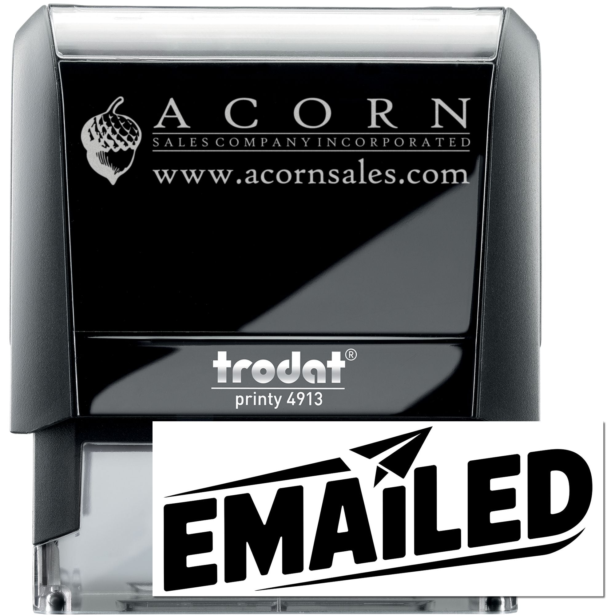 Custom self-inking Trodat Printy 4913 rubber stamp with EMAILED imprint and Acorn Sales Company logo for office mail marking.