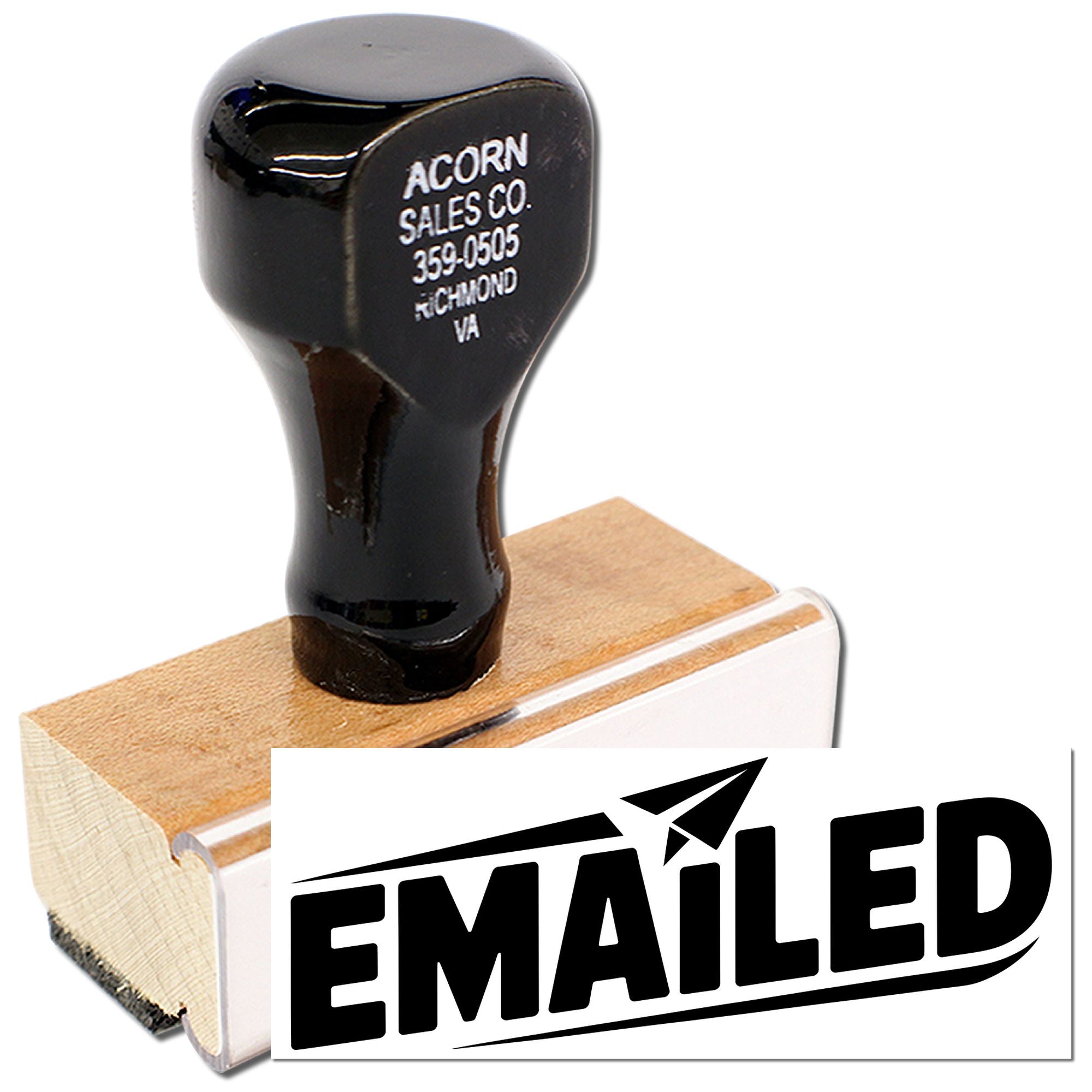 Self-inking rubber stamp with Emailed imprint for office mail tracking and business paperwork.