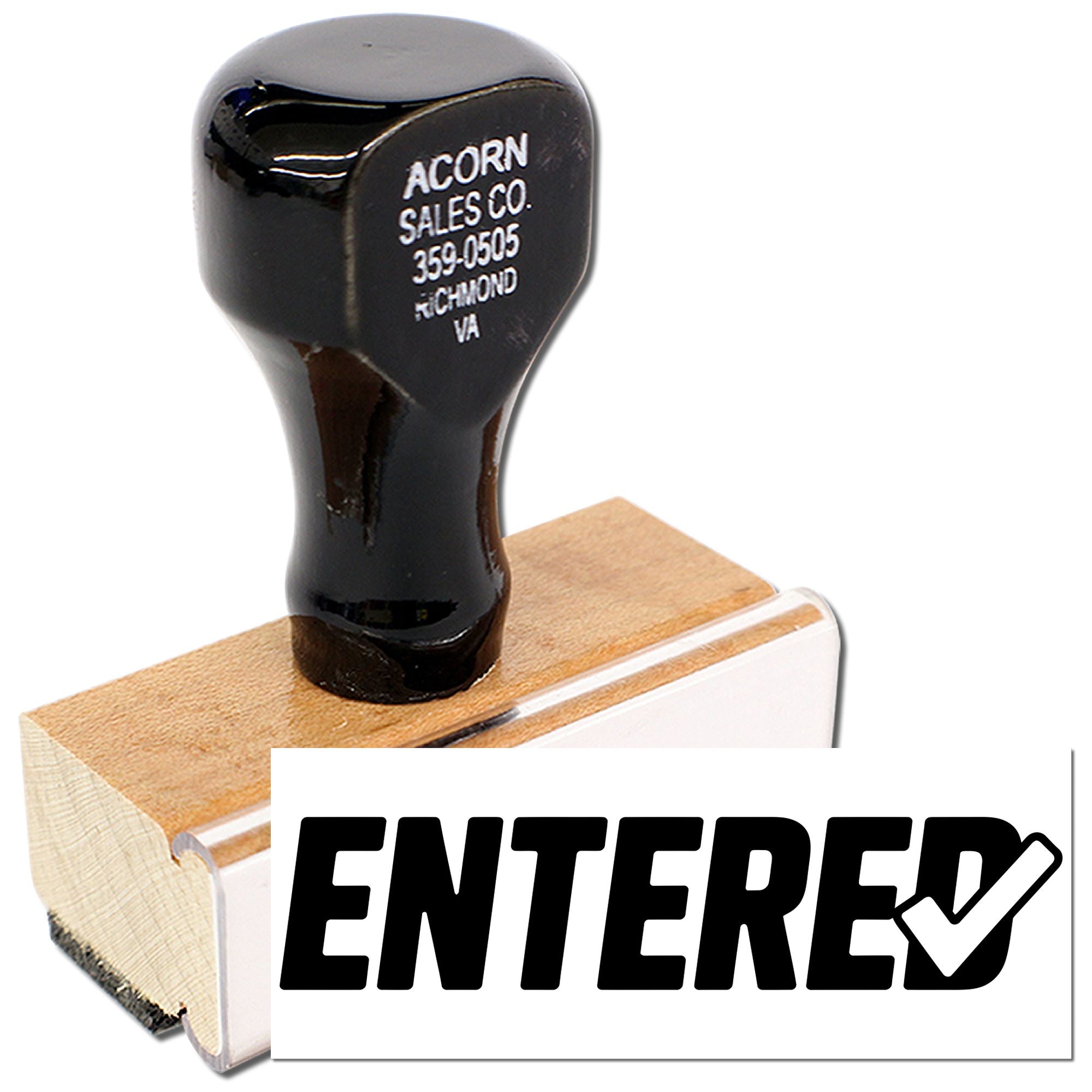 Custom rubber stamp with ENTERED imprint for business documents and office record keeping.