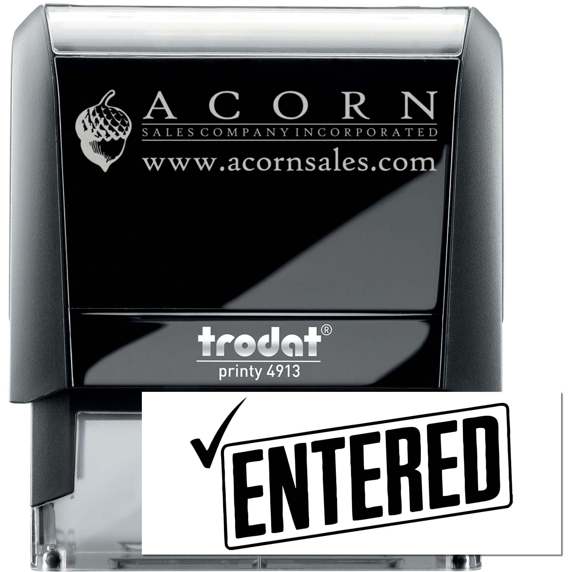 Custom Trodat Printy 4913 self-inking rubber stamp with logo and ENTERED impression for office document marking.
