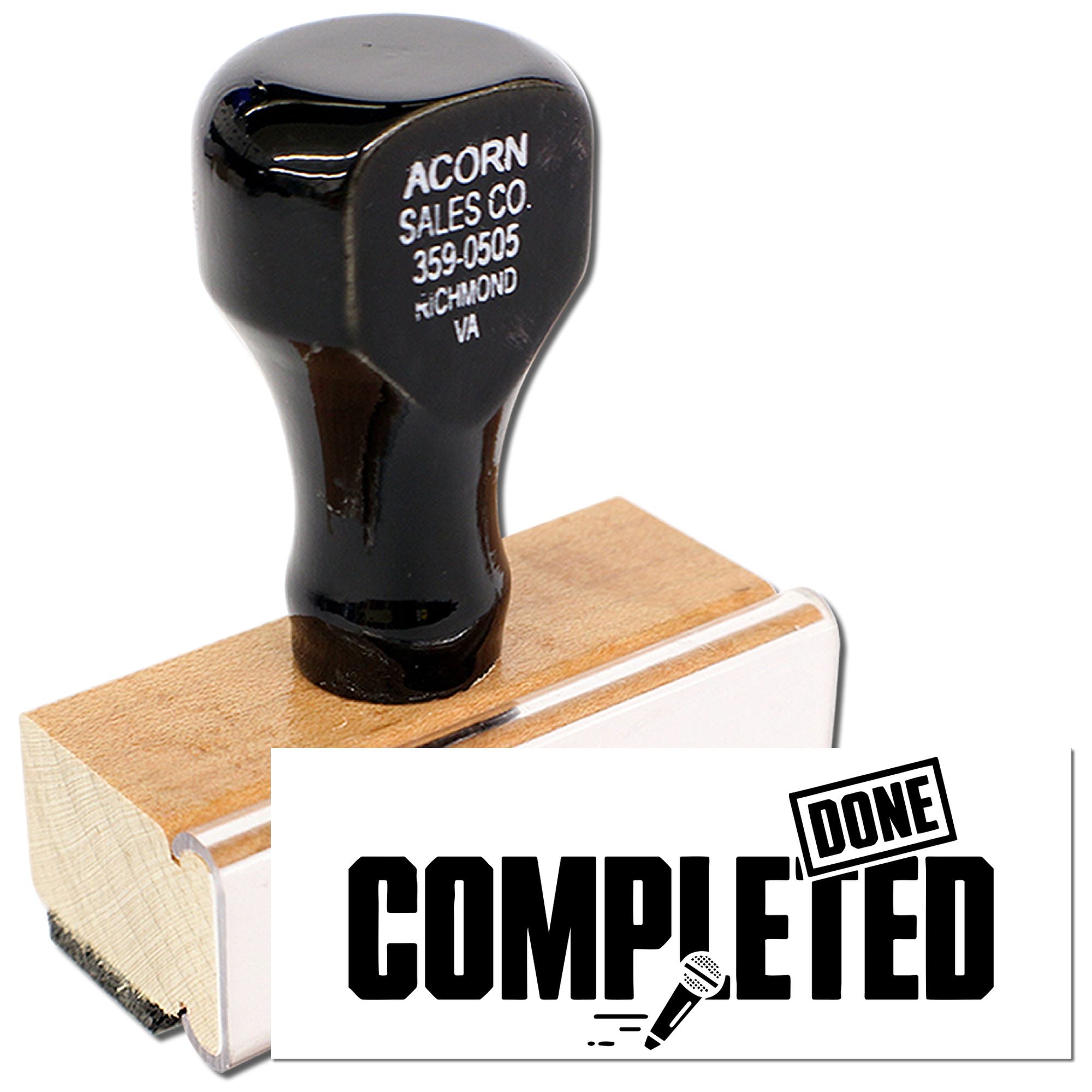 Wood rubber stamp with DONE/COMPLETED imprint for office paperwork, approval, and finished tasks.