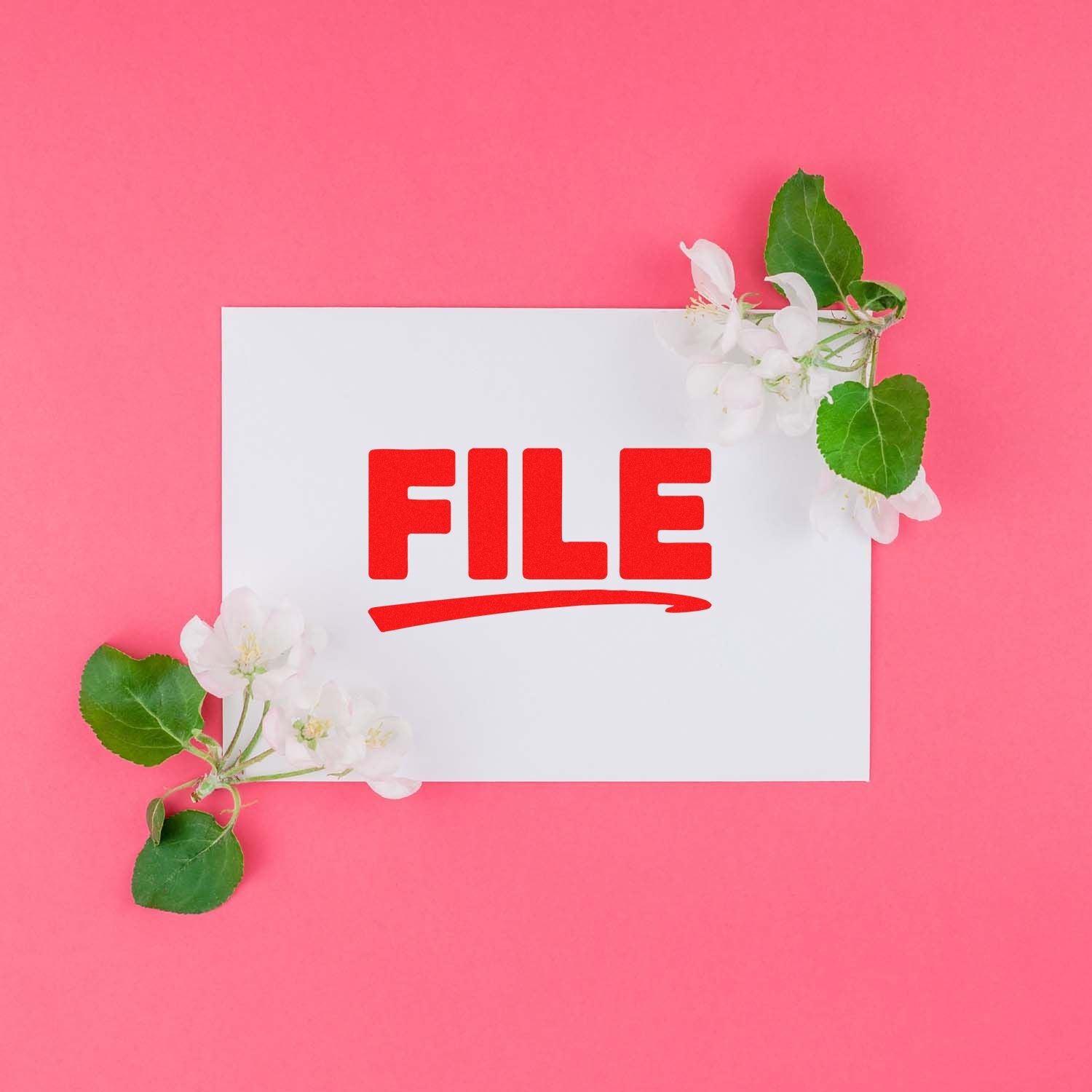 Red FILE rubber stamp impression on white card with floral accent, ideal for office document organization.