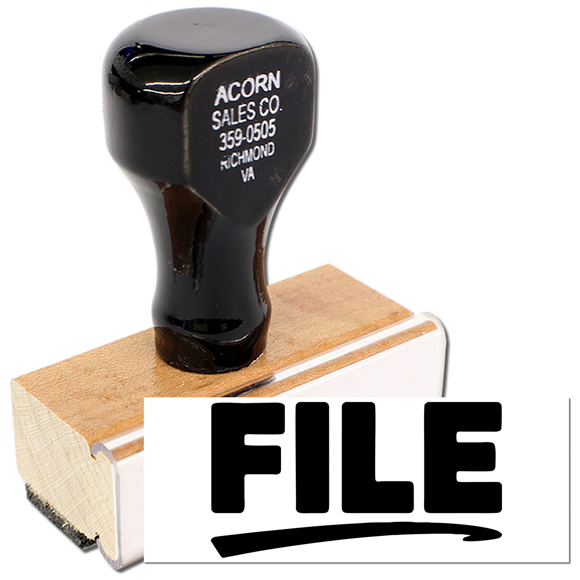 Custom wooden FILE rubber stamp for office document filing and record organization.