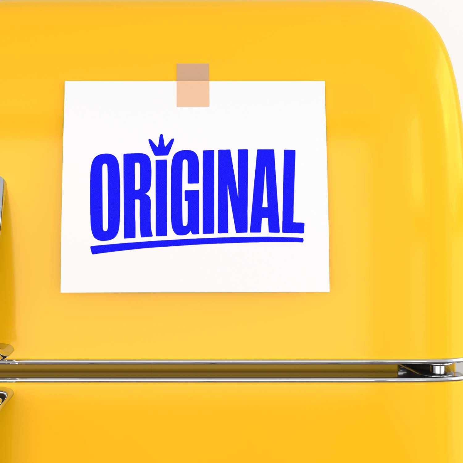 Original rubber stamp design on yellow background for marking authentic documents, handmade products, and custom branding.