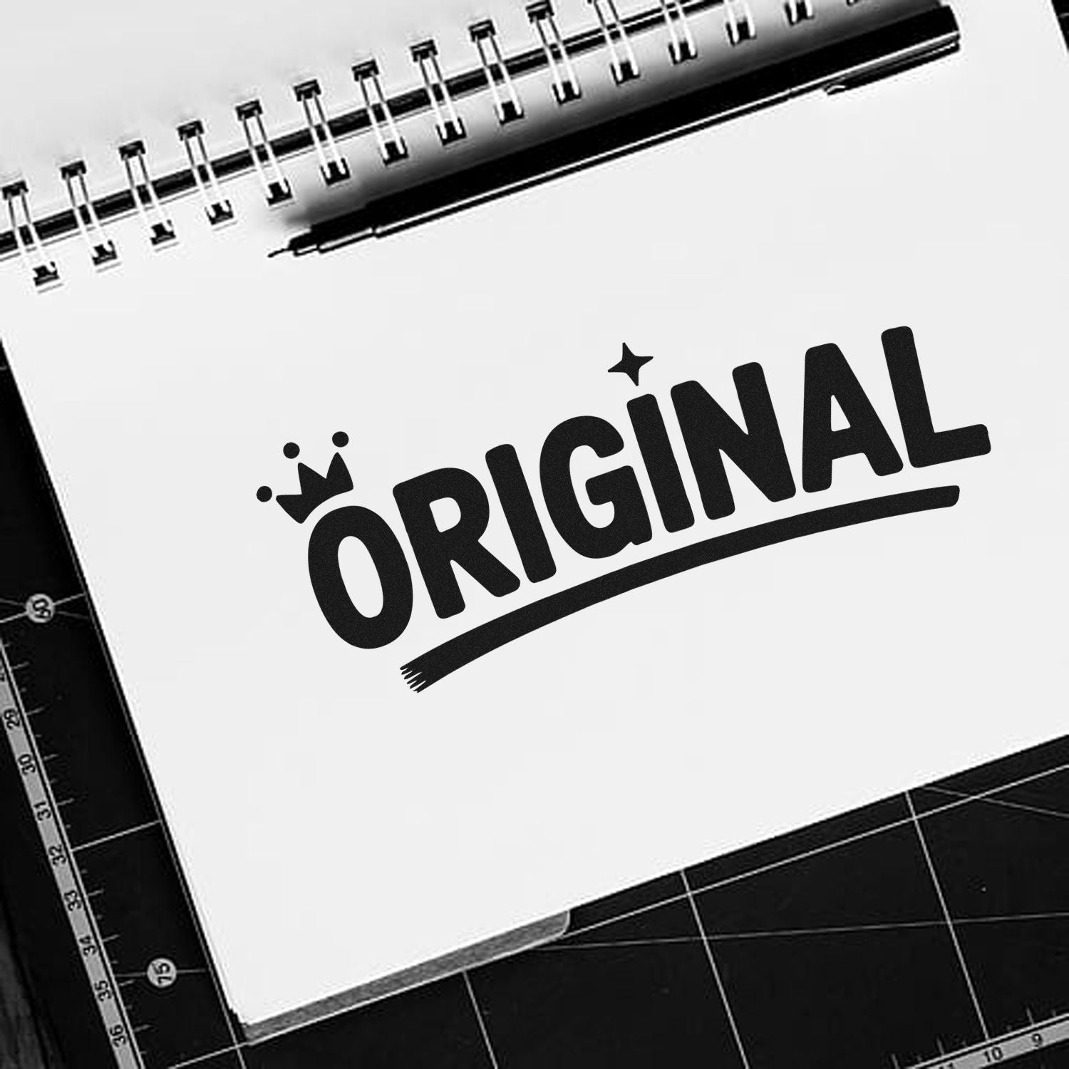 Original rubber stamp design on notebook page, ideal for custom branding, authenticity marking, and creative stationery.