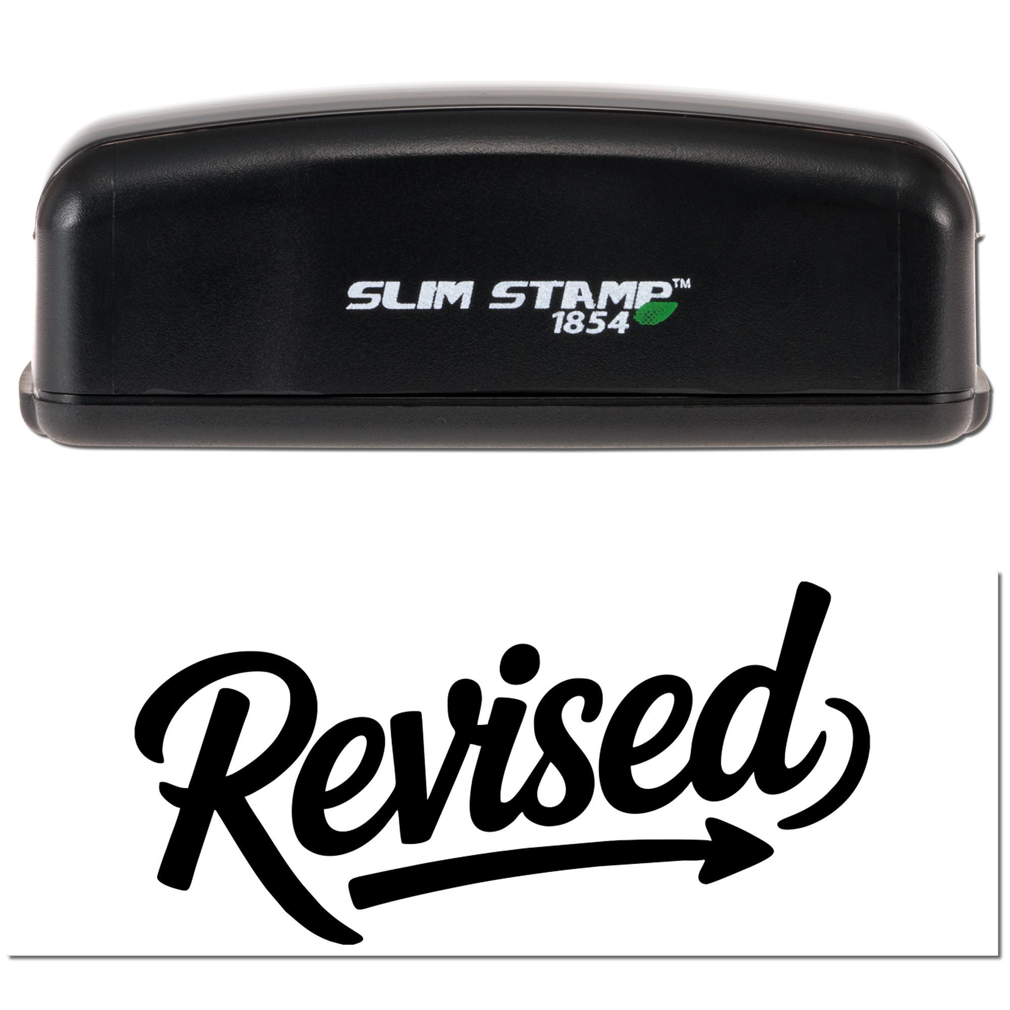 Black Slim Stamp 1854 self-inking rubber stamp showing a Revised imprint for document review and approval.