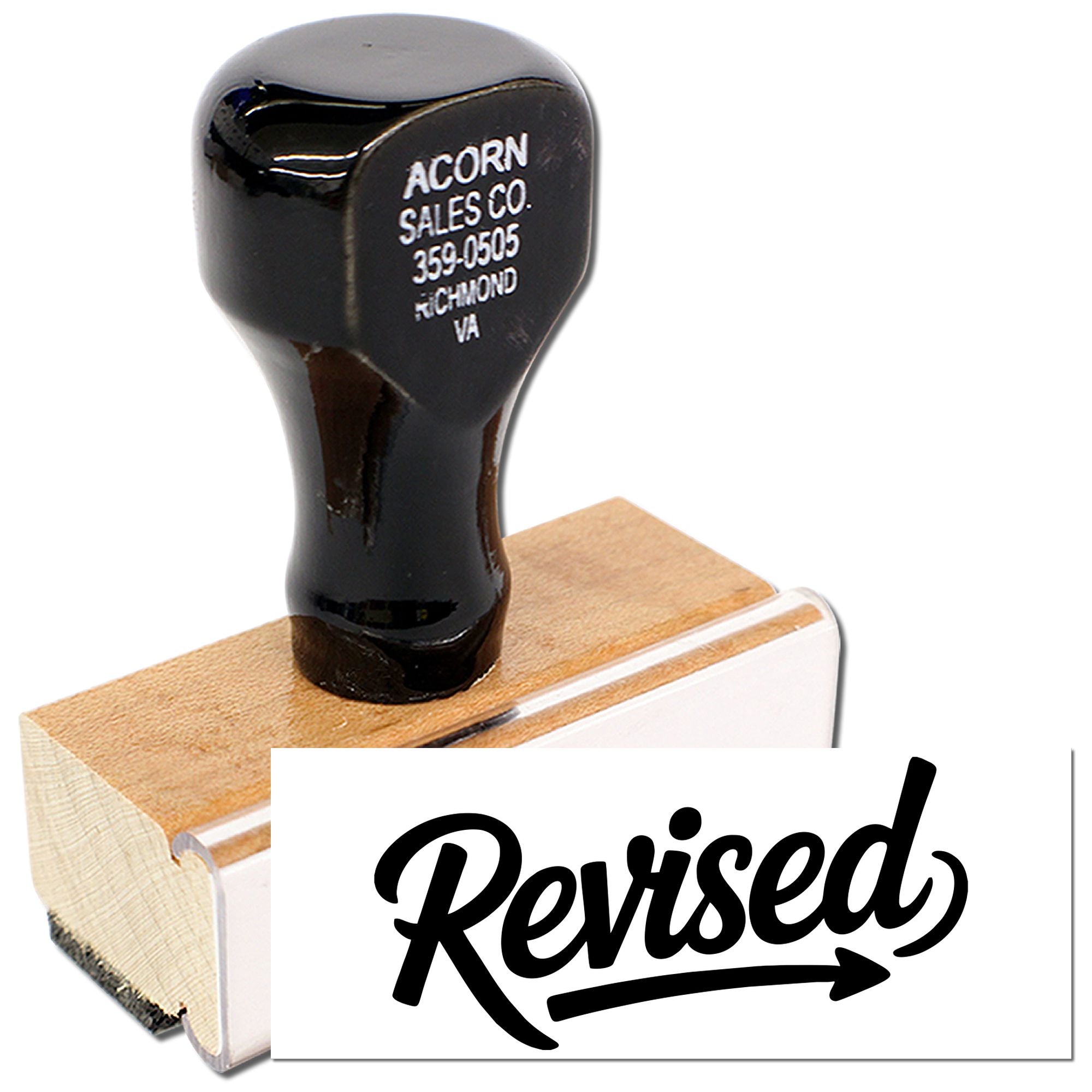 Custom wooden rubber stamp with Revised imprint for office documents, approvals, and records.