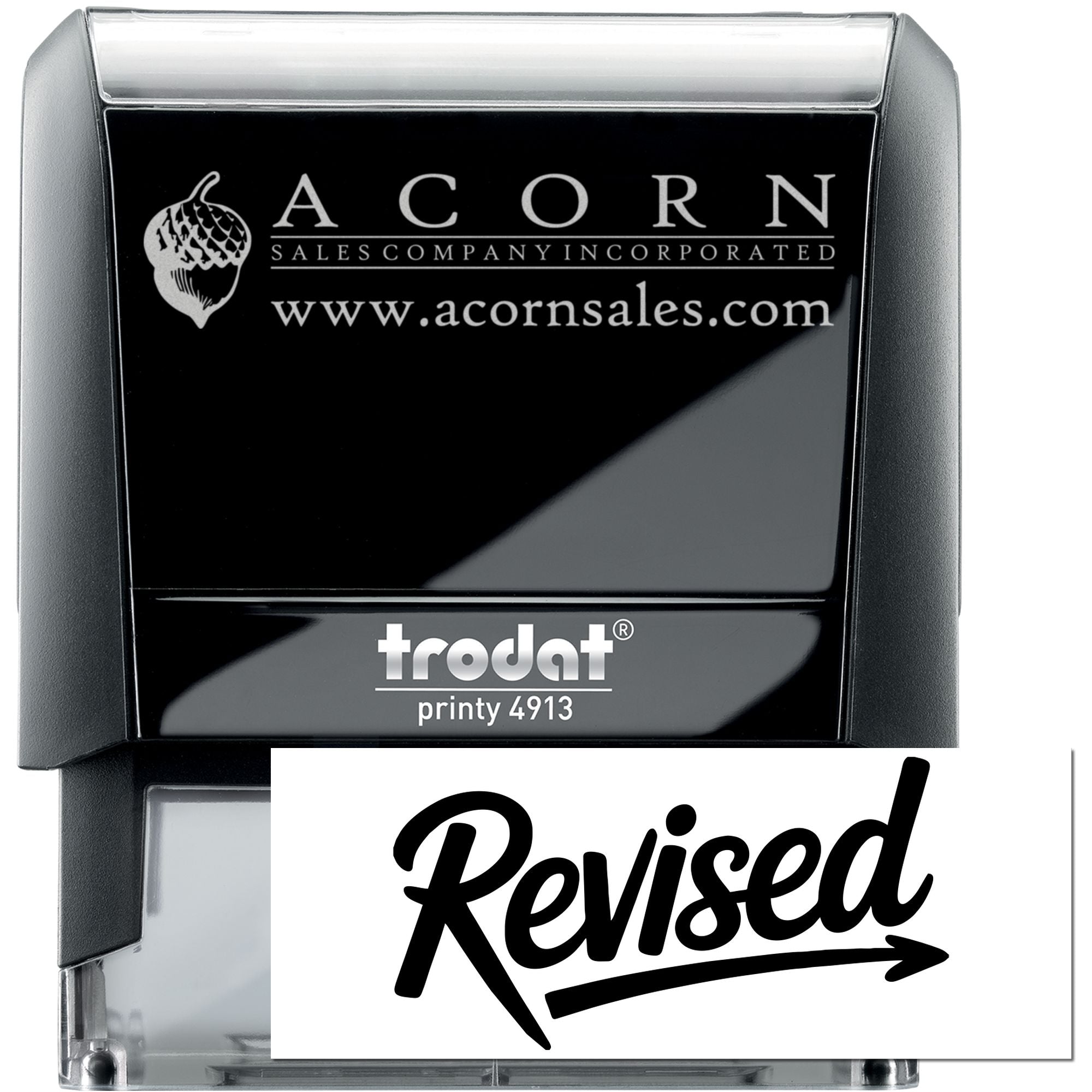 Custom Trodat Printy 4913 self-inking rubber stamp with Acorn Sales Company logo and Revised imprint example.