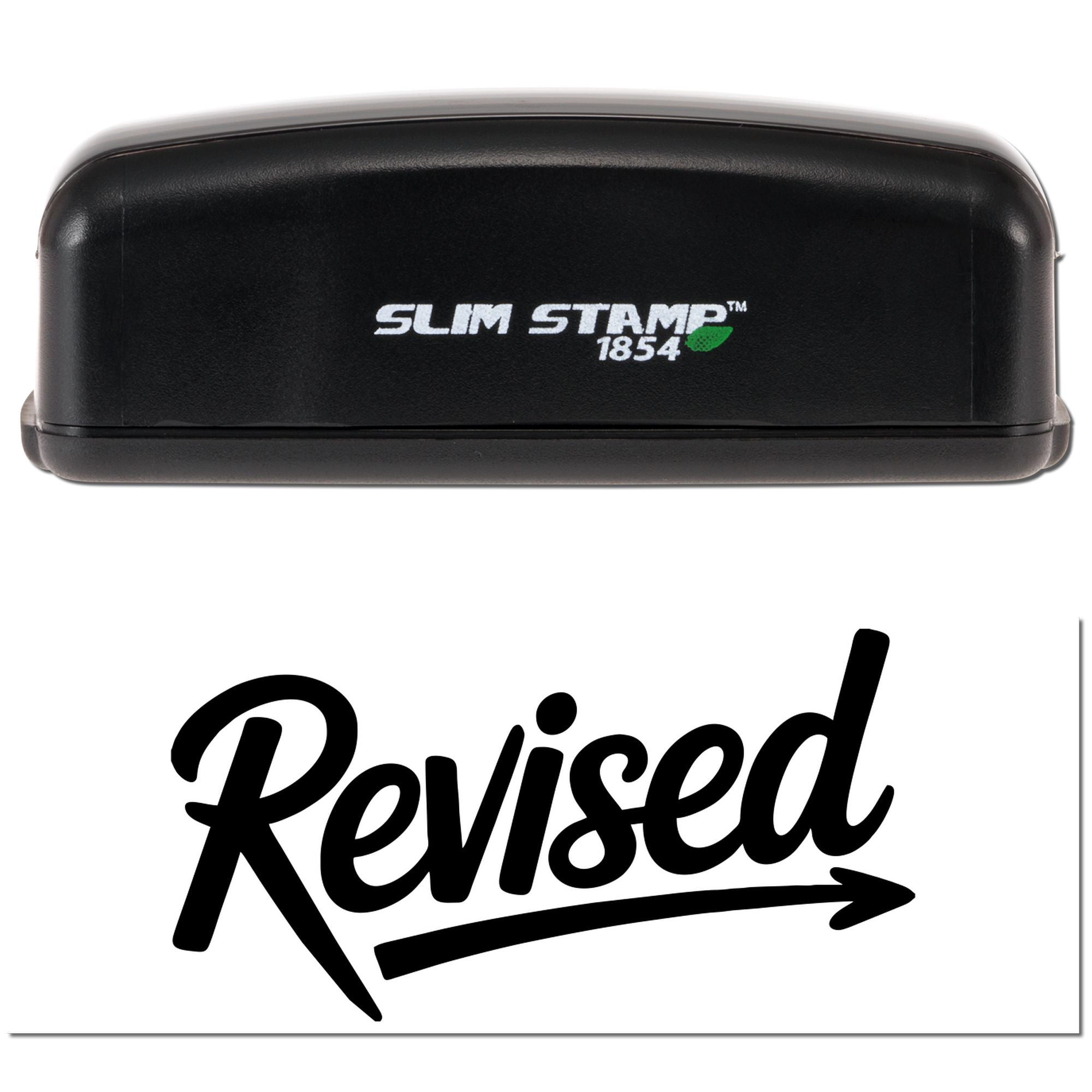 Self-inking rubber stamp with Revised imprint for document review and office approvals.