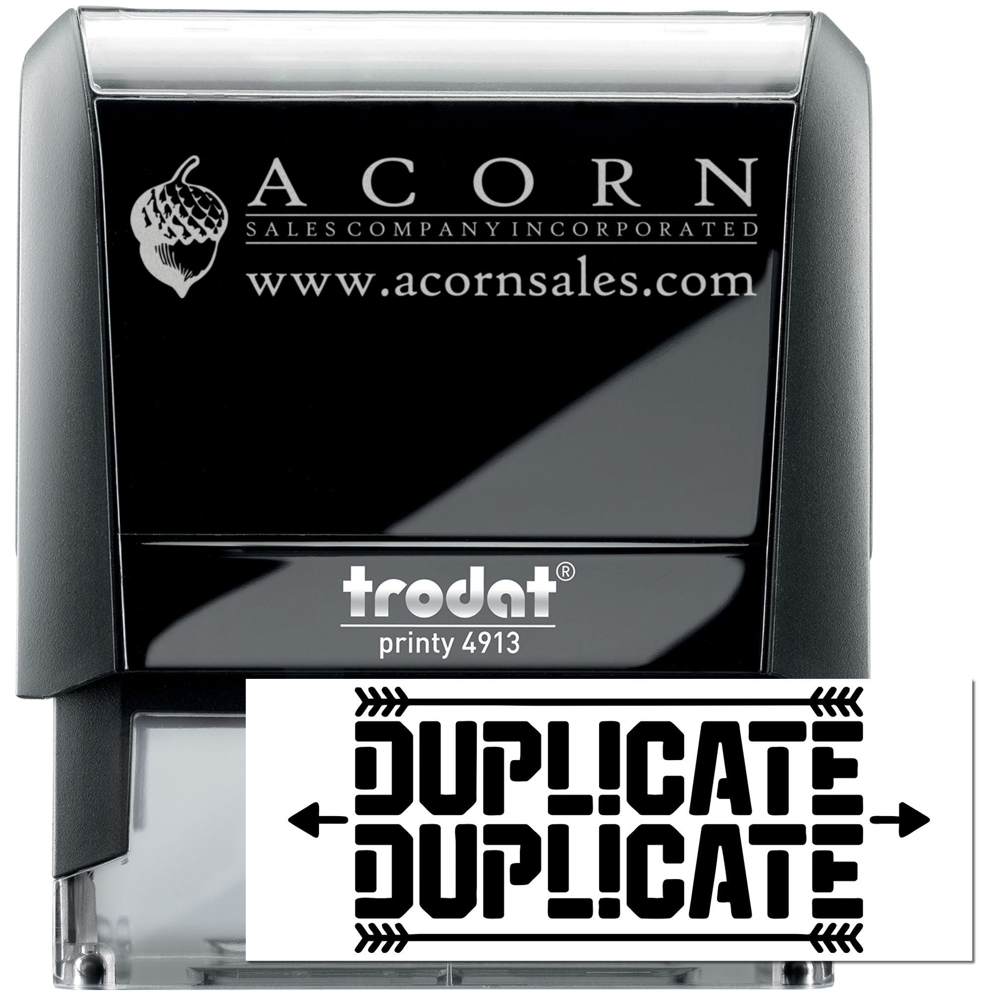 Custom self-inking rubber stamp, Trodat Printy 4913, with Acorn Sales logo and duplicate imprint for business use.