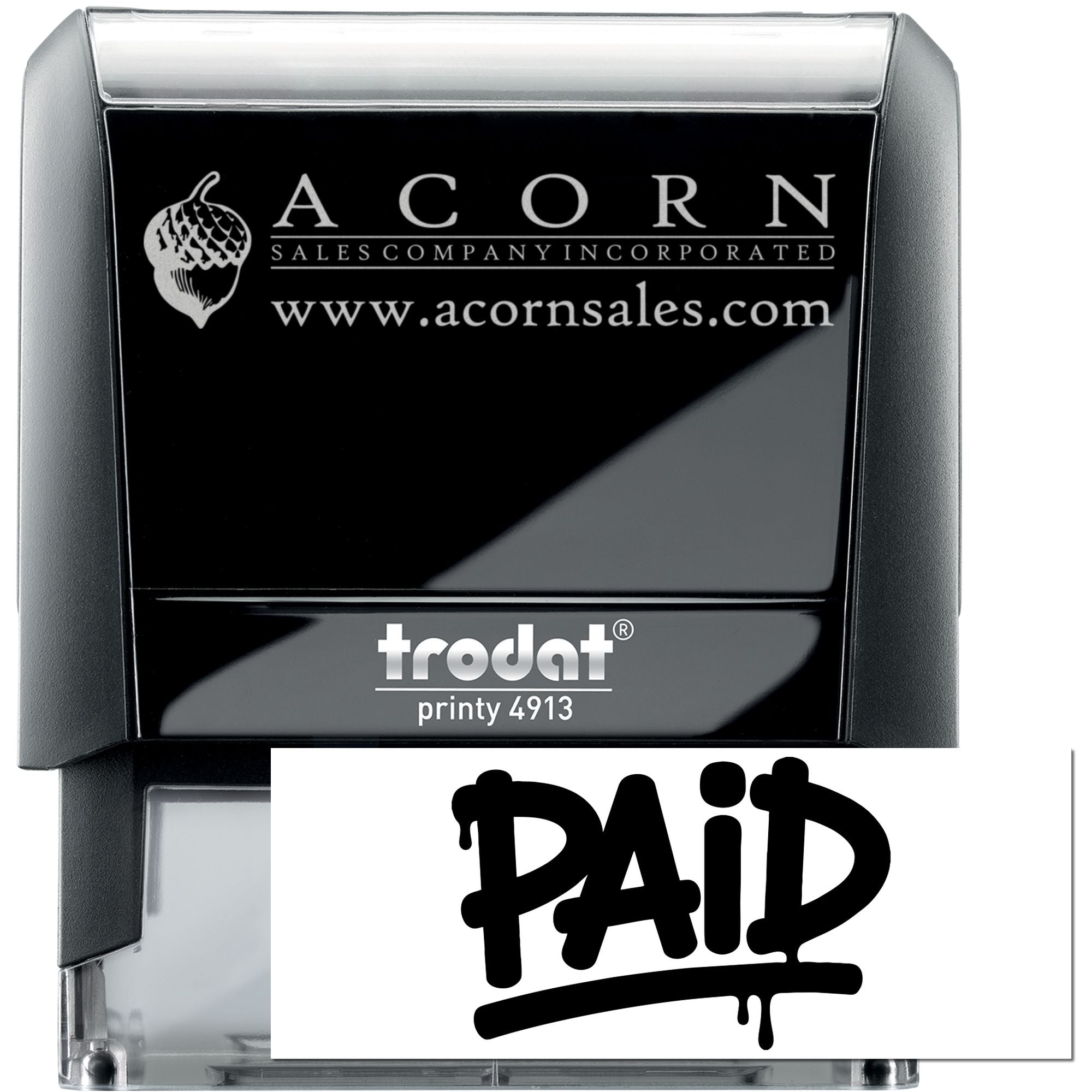 Custom Trodat Printy 4913 self-inking rubber stamp with Acorn Sales Company logo and PAID imprint for business use.